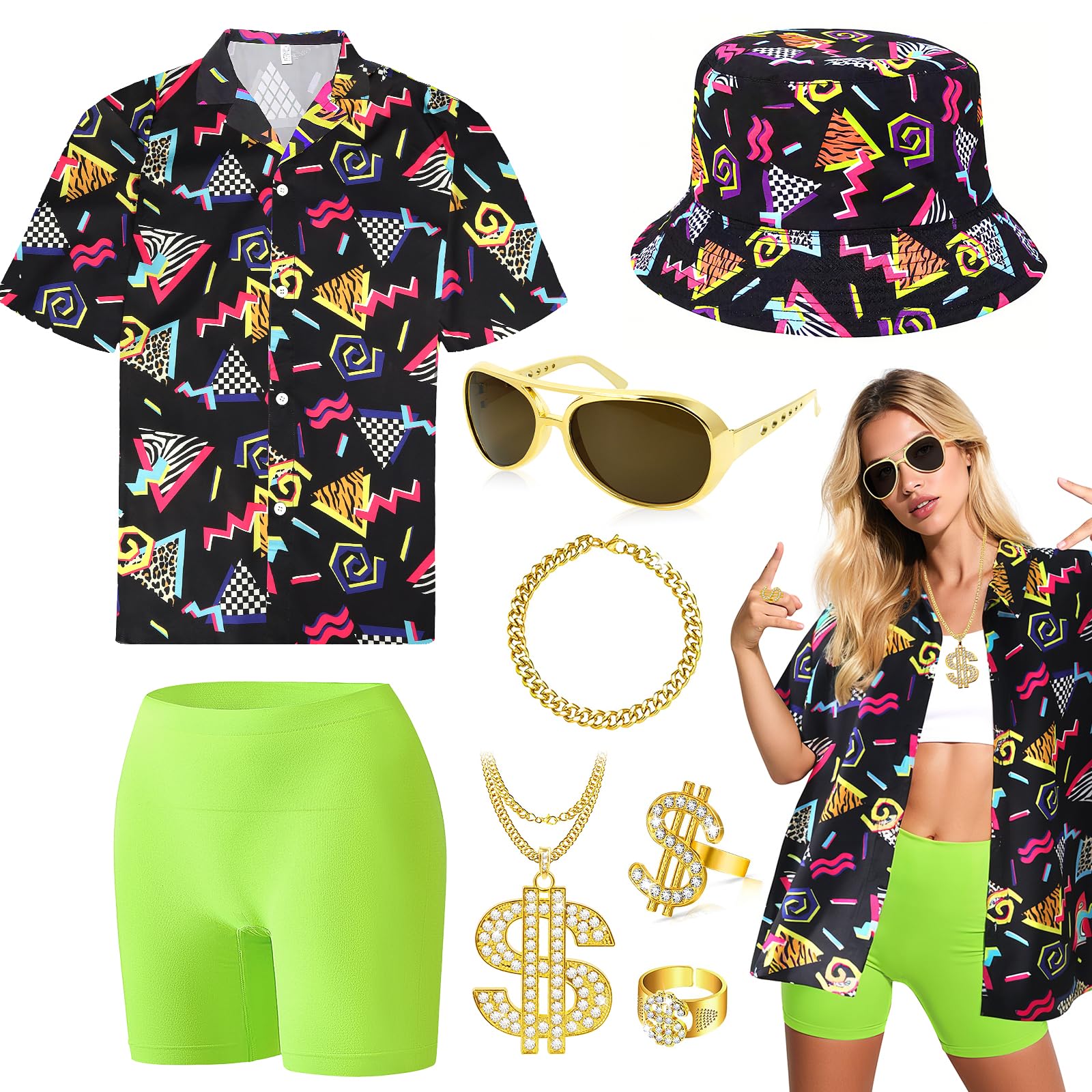 80s 90s Fancy Dress awaiian Shirt Costume Men Women Outfit Women's Print Shirt Set Bucket Hat Gold Bling Sunglasses Retro Party Outfit with Printed for Party Festival Streetwear Look