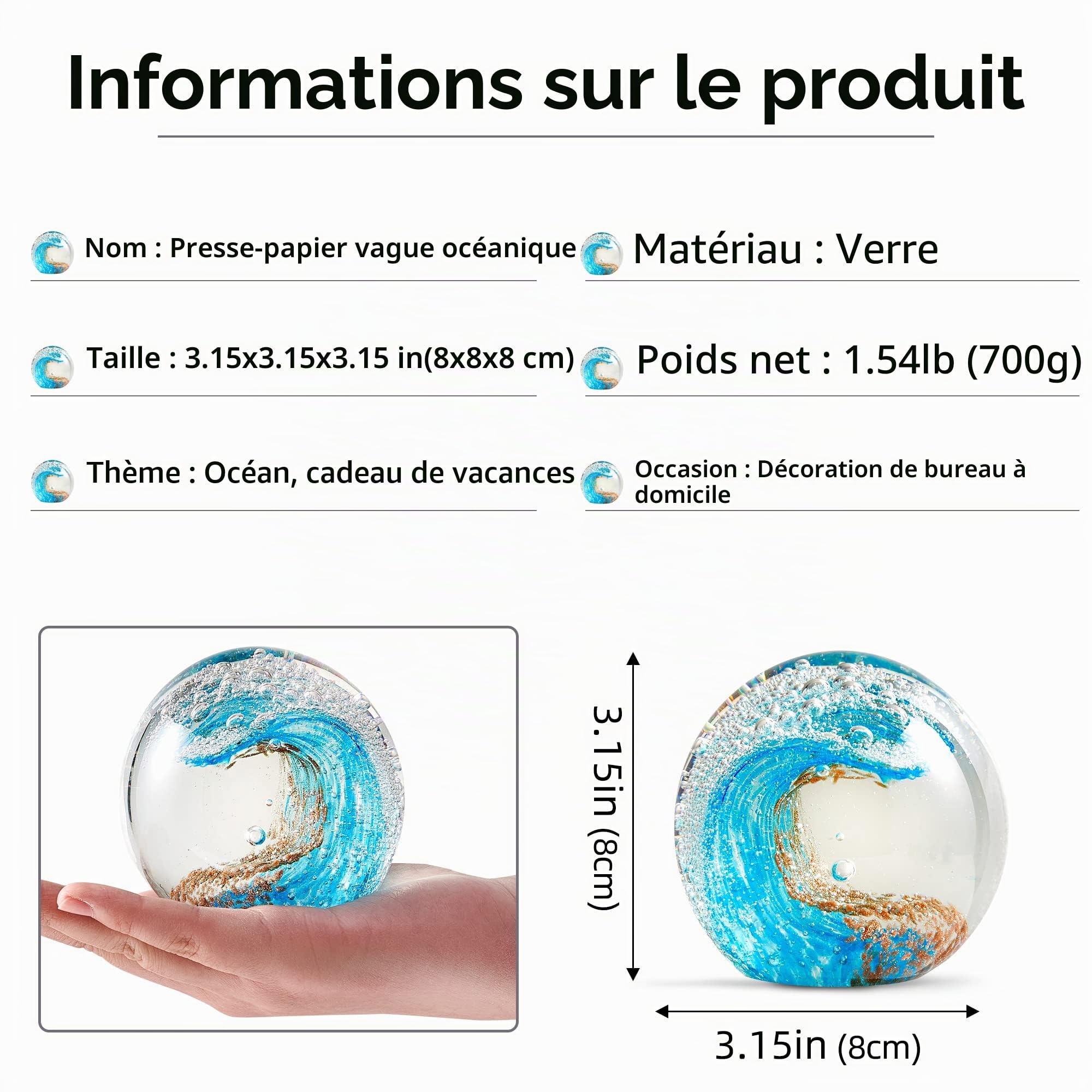 EUSTUMA Figurines en Verre Boule océan Vagues, Boule de Verre Presse-Papier, décor à la Maison à Collectionner, décor d'aquarium, Amants de Bureau décor océan
