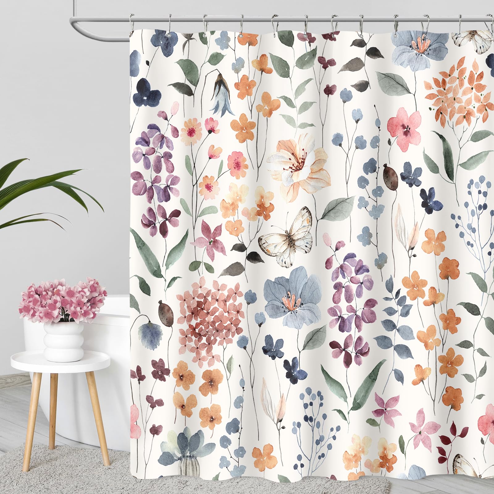MAYZUS Langer Duschvorhang 183x190 Cm, Blauer Blumenstoff – Set Mit Haken, Botanisches Design Fürs Badezimmer