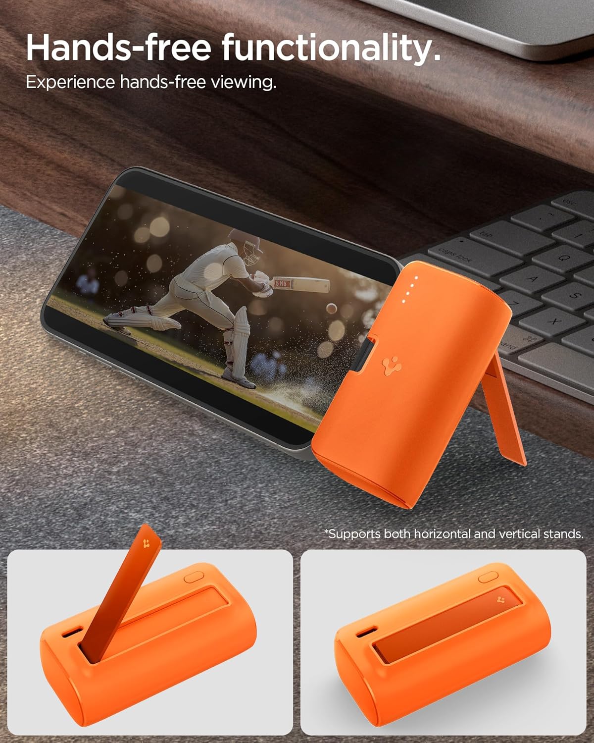 Spigen ArcPack power bank with integrated kickstand supporting a smartphone for hands-free viewing.