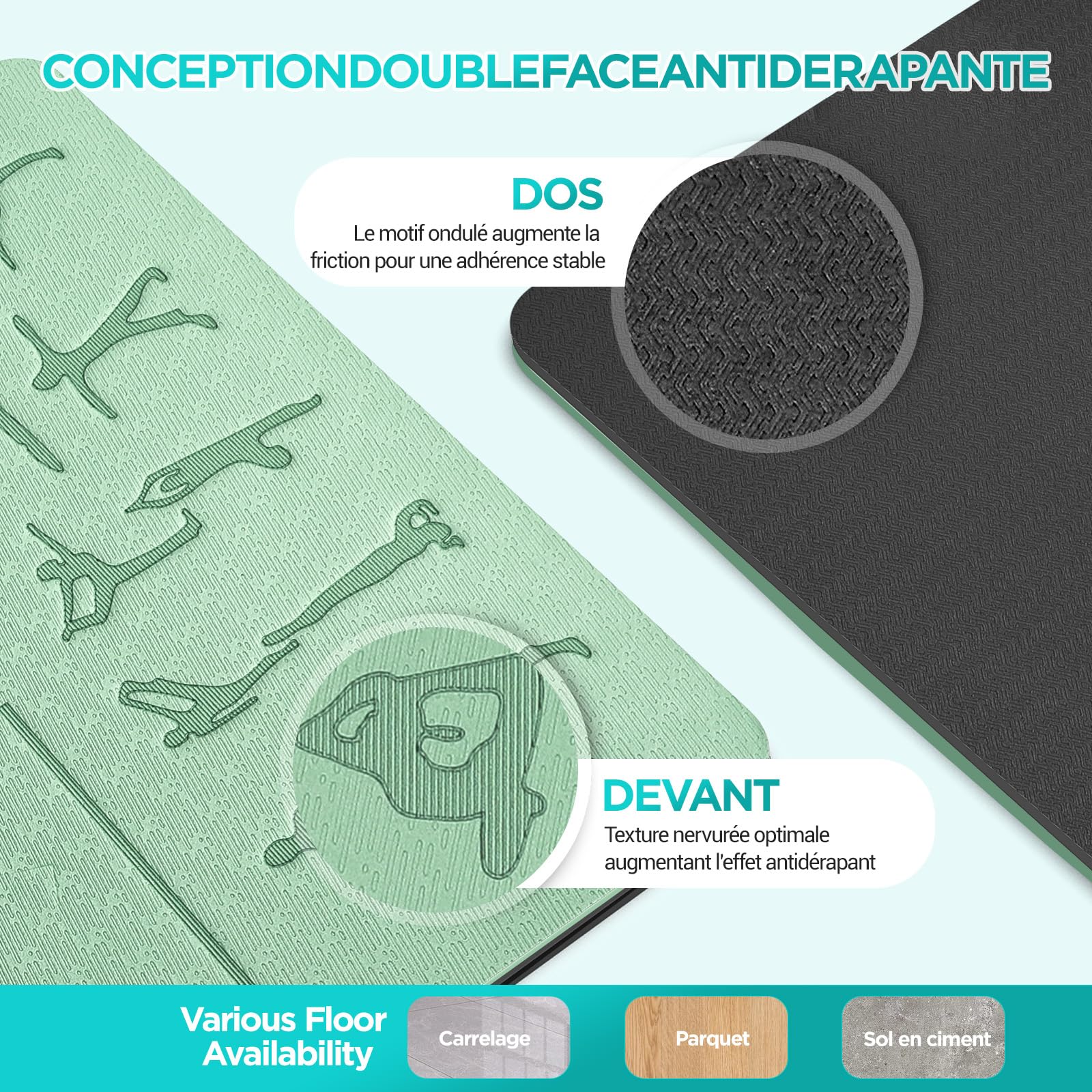 Tapis de yoga OUTDOUSE 70 postures imprimées TPE antidérapant 183x61x0,6cm