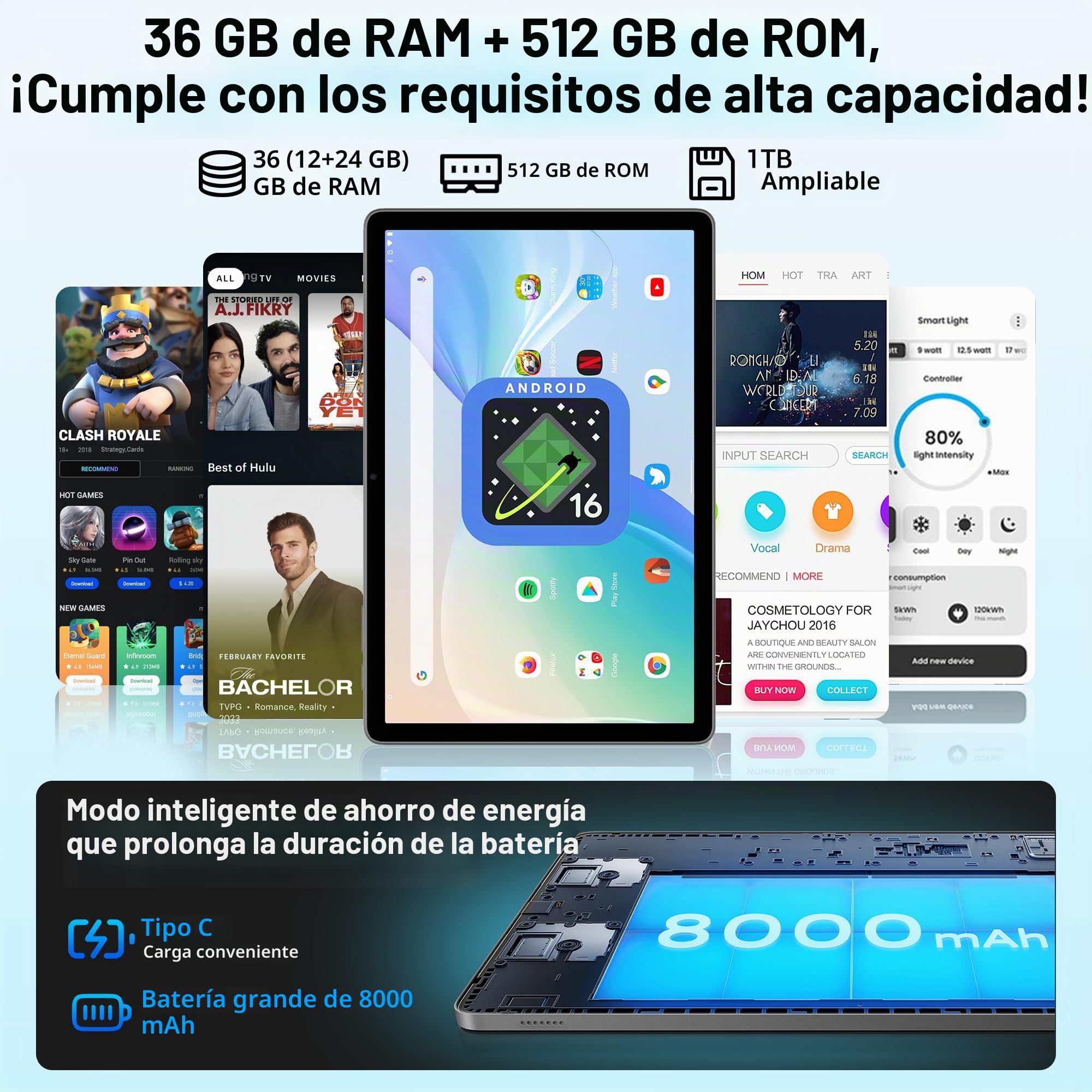 Android 16 Tablet 11 Pulgadas Tableta Gaming Octa-Core T615,36GB RAM+ 512GB ROM,Widevine L1,1920 * 1200 FHD,8000 mAh,Cámara 16MP+8MP, GPS,Tablet con Teclado,Gris