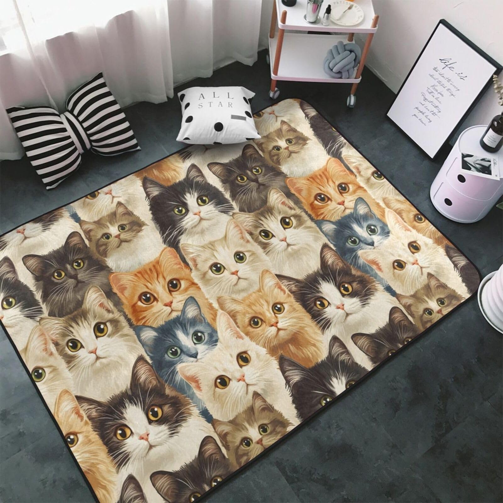 Tapis de salon imprimé visage de chat mignon et lavable de 152x99 cm