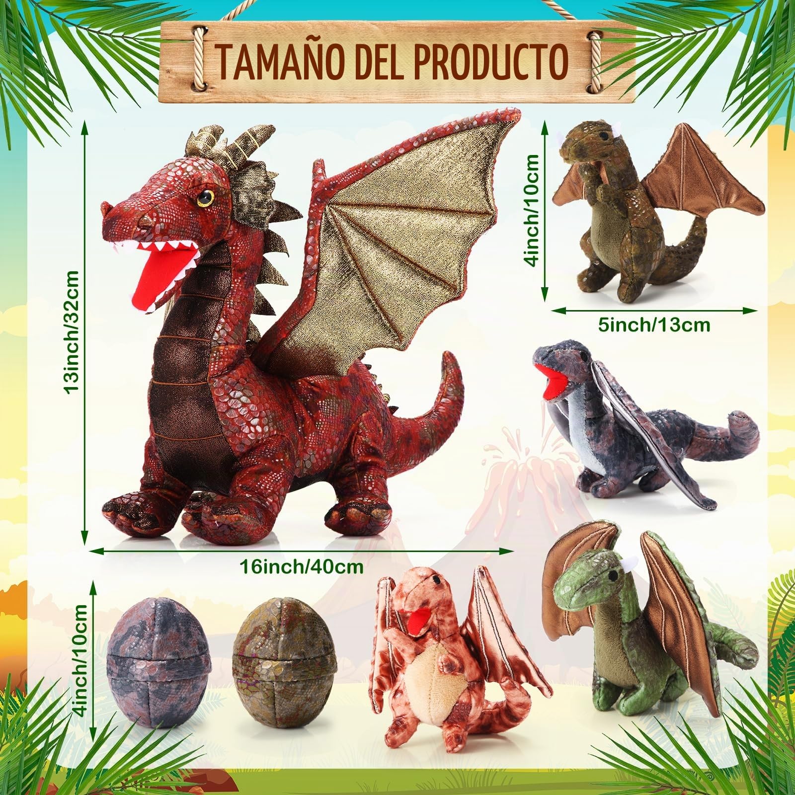 Set de 7 Juguetes de Dragón, Dragón de Peluche Grande de 40 cm con 4 Simpáticos Bebés de Peluche y 2 Huevos para Regalos de Cumpleaños de Adolescentes (Estilo Retro)