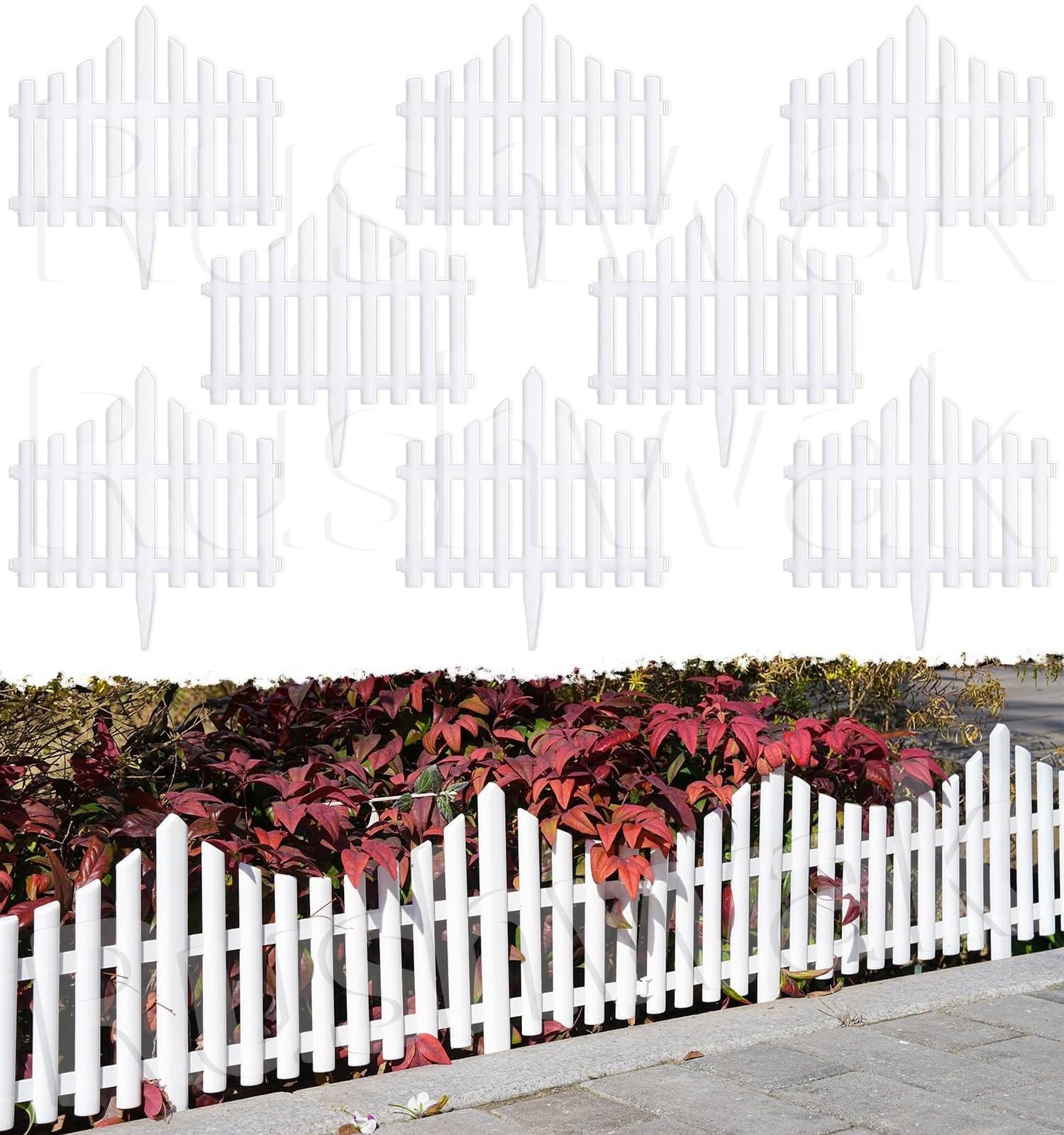 Rushwak Garden Fence Outdoor (8 Panels - 10ft Total Running Length) Fence for Garden Fencing Plastic PVC Durable Easy Installation Decorative Picket Fence Border Edging for Lawn Pathway & Flower Beds