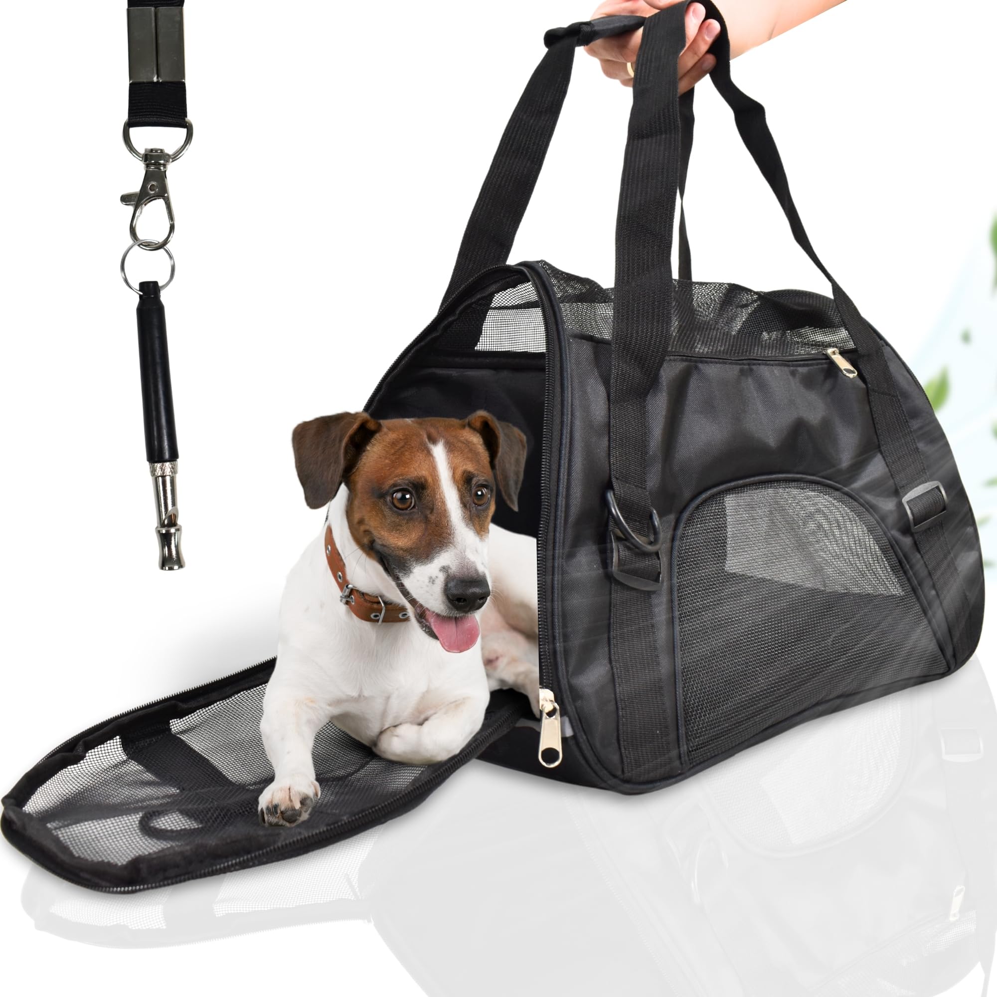 Krowsak Transportin Perro Pequeño y Transportin Gato - Mochila Plegable y Transpirable - Correa Hombro Ajustable - Medidas 43x30x20cm - Silbato Entrenamiento - Color Negro