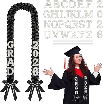 DIY Class of 2026 Graduation Leis with 30 Pearl Patches Letters and Numbers Graduation Money Leis Double Braided Ribbon Necklace for High School College 2026 Grad Party DecorBlack