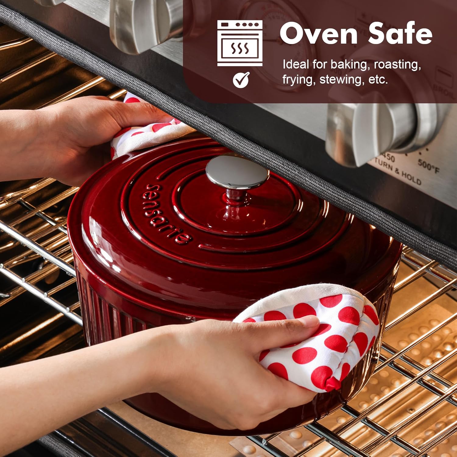 SENSARTE Enameled Cast Iron Dutch Oven Pot with Lid 3.5 Quart Heavy-Duty Round Dual Handles Kitchen Pot with Cotton Potholders & Silicone Trivet, Pot for Bread Baking, Stews, Braising, Roasting, Oven Safe up to 500°F, Red