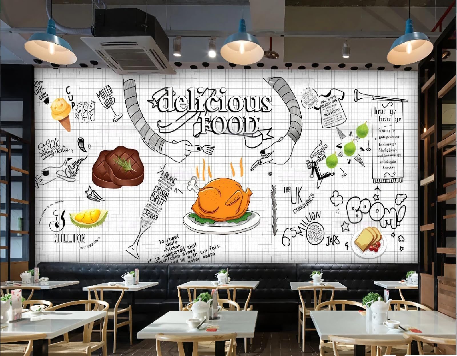 XDOUBAO Wallpaper Retro Wooden Board Plaid Steak Cuisine Pizza Shop Gourmet Snacks Afternoon Tea Western Restaurant Background Wall Wallpaper Coffee Shop Mural,3D,200x140cm