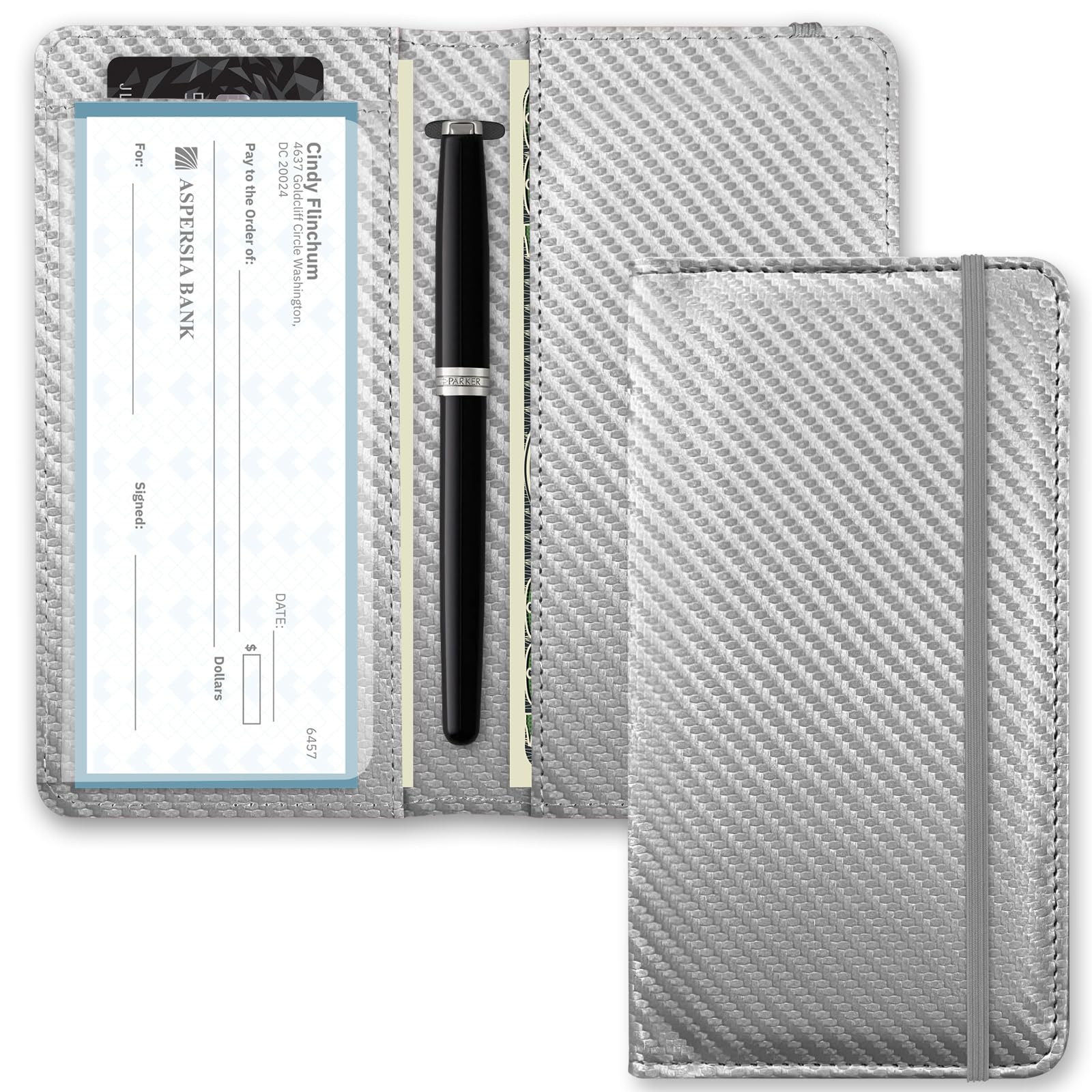 Checkbook Cover for Men Women, Premium Leather Checkbook Holder with RFID Blocking and Built in Clear Plastic Divider for Personal and Business Checks (Grey Carbon)