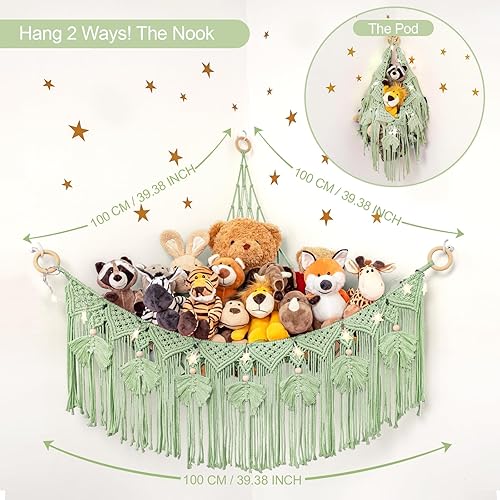 Miniatura 4 de ANROYE Almacenamiento de animales de peluche de macramé con luz de estrella, hamaca azul oso para decoración de habitación de niñas, organizador de