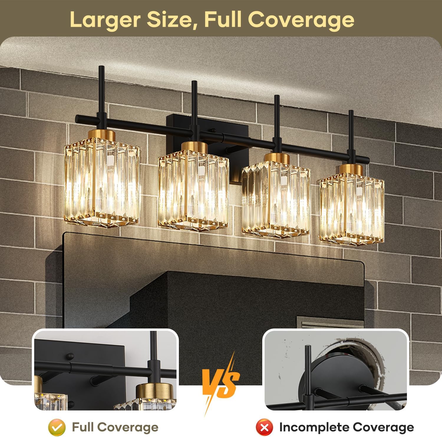 Torondo Modern Crystal Bathroom Vanity Light 4-Lights Gold Bathroom Light Fixtures Over Mirror Black and Gold Vanity Lighting Fixtures Gold Square Shade Brass Wall Sconce (Bulbs Not Include)