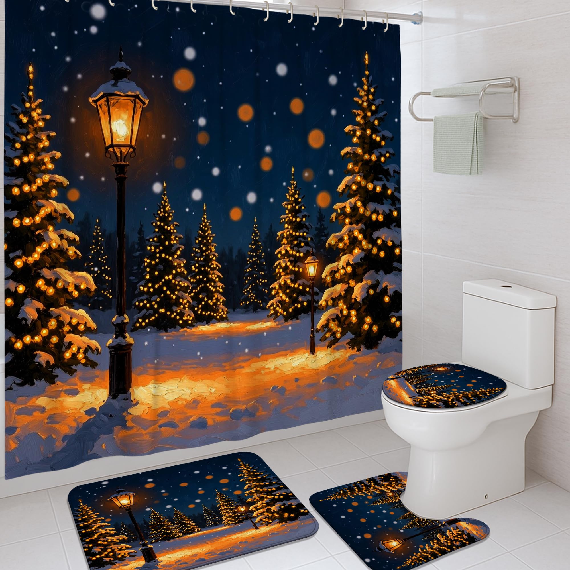 Rideau de douche sapins de neige en tissu premium haut de gamme avec tapis assorti 183x183