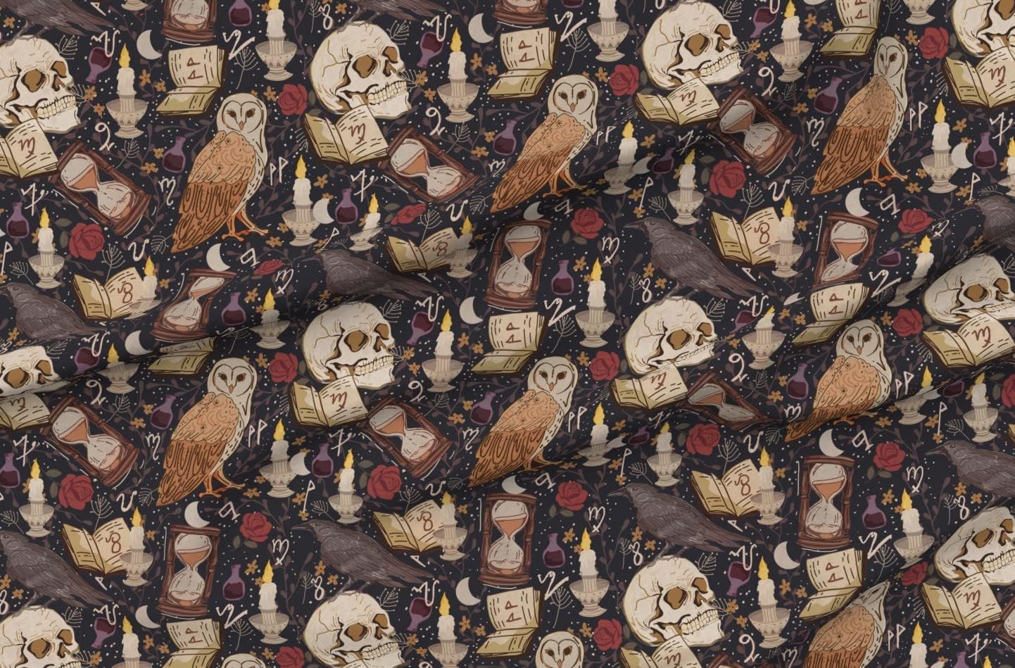 Spoonflower Fabric - Ancient Magic Dark Academia Aesthetic Owl House Candle Books Celestial Printed on Polartec(R) Fleece Fabric by The Yard - Sewing Blankets Loungewear and No-Sew