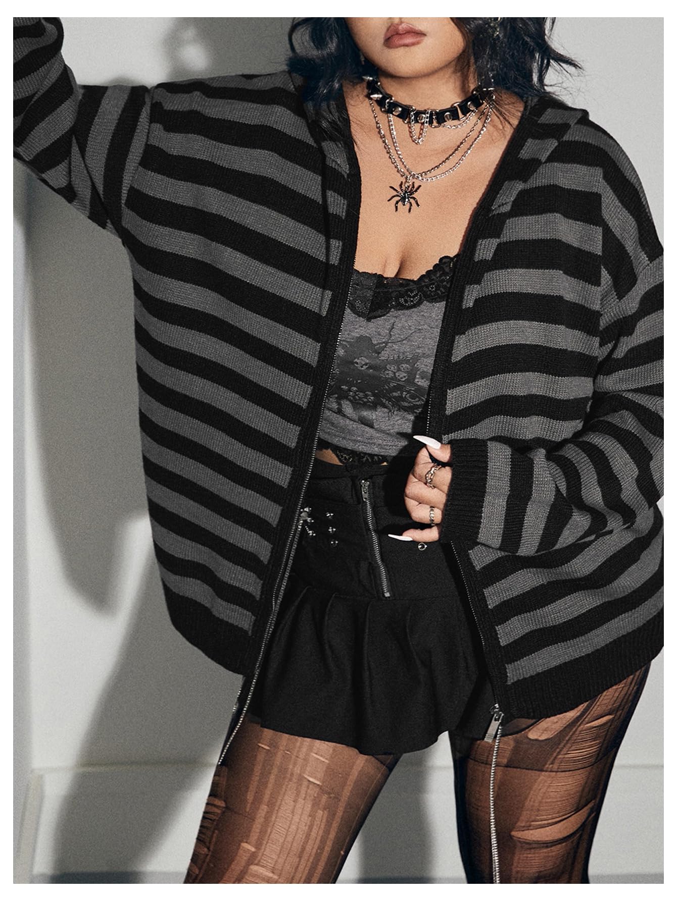 BEAUDRM Women's Plus Size Striped Cardigan Sweater Goth Grunge Zip Up Sweater Hoodies Long Sleeve Drop Shoulder Hoodie: X-Large Plus Black
