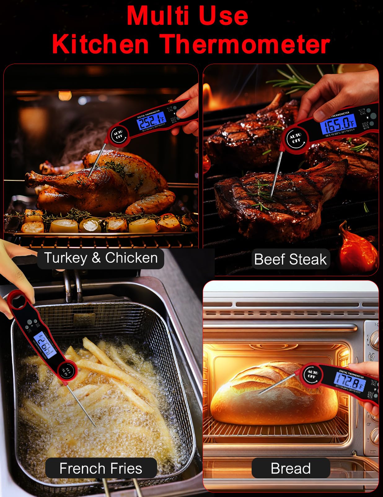 Fleischthermometer Digital, Sofort ablesbares Lebensmittelthermometer zum Kochen Grill BBQ Fritteuse, Wasserdicht & Hintergrundbeleuchtetes Display Digitales Fleischthermometer - Küchenhelfer