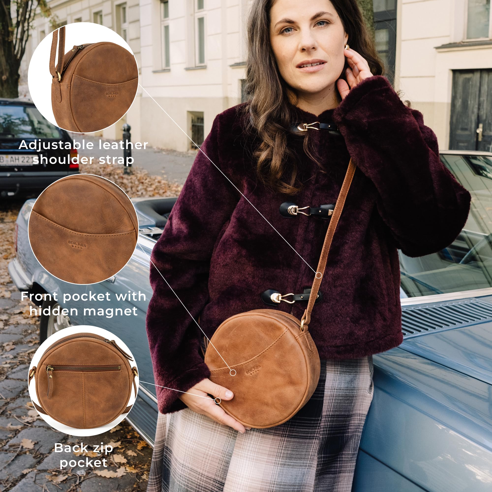 Berliner Bags Moon Bolso Bandolera Redondo Mujer Piel Auténtica Pequeño