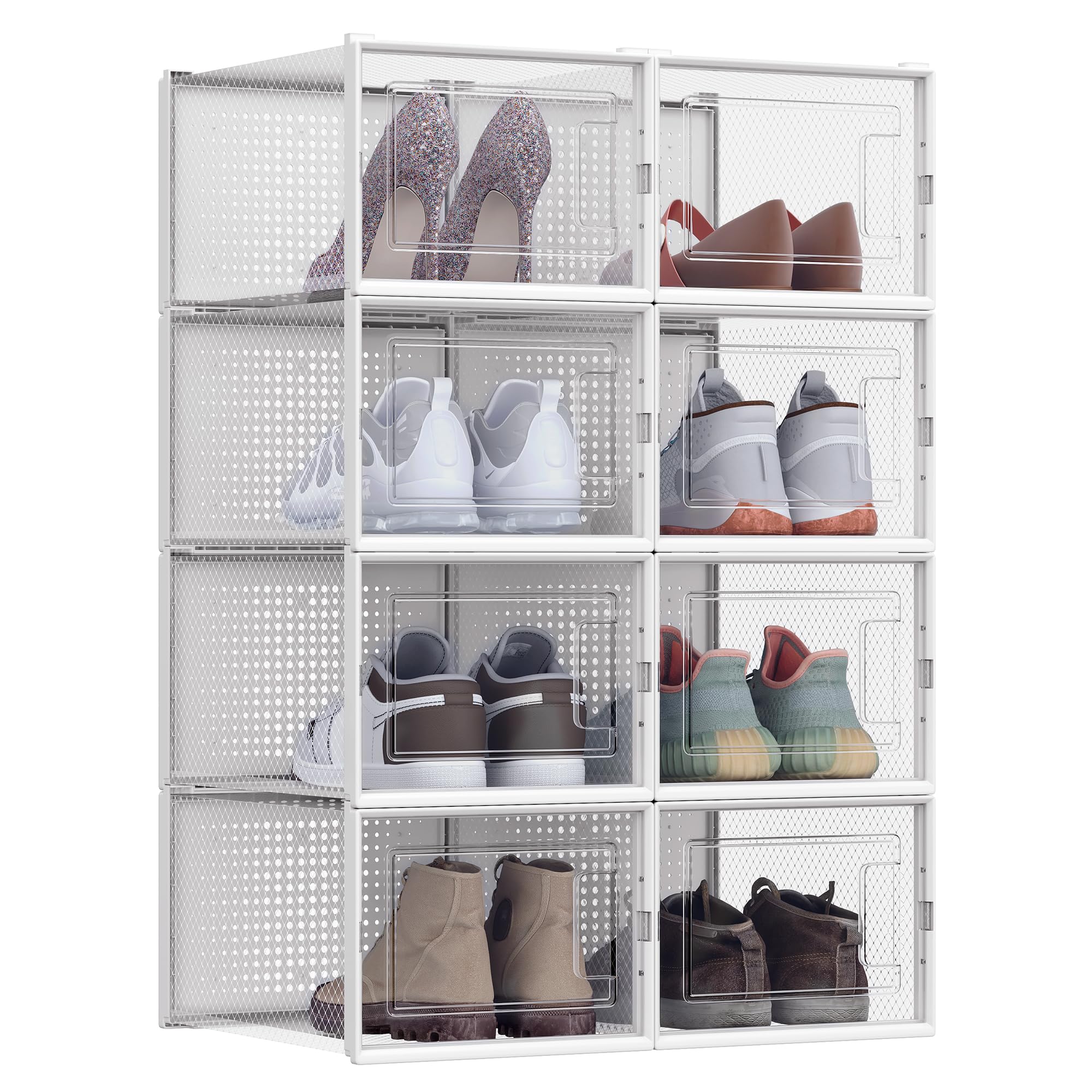 SONGMICS Shoe Boxes, Pack of 8 Stackable Shoe Storage Organisers, Foldable and Versatile for Sneakers, Fit up to UK Size 11, Transparent and White LSP08MWT
