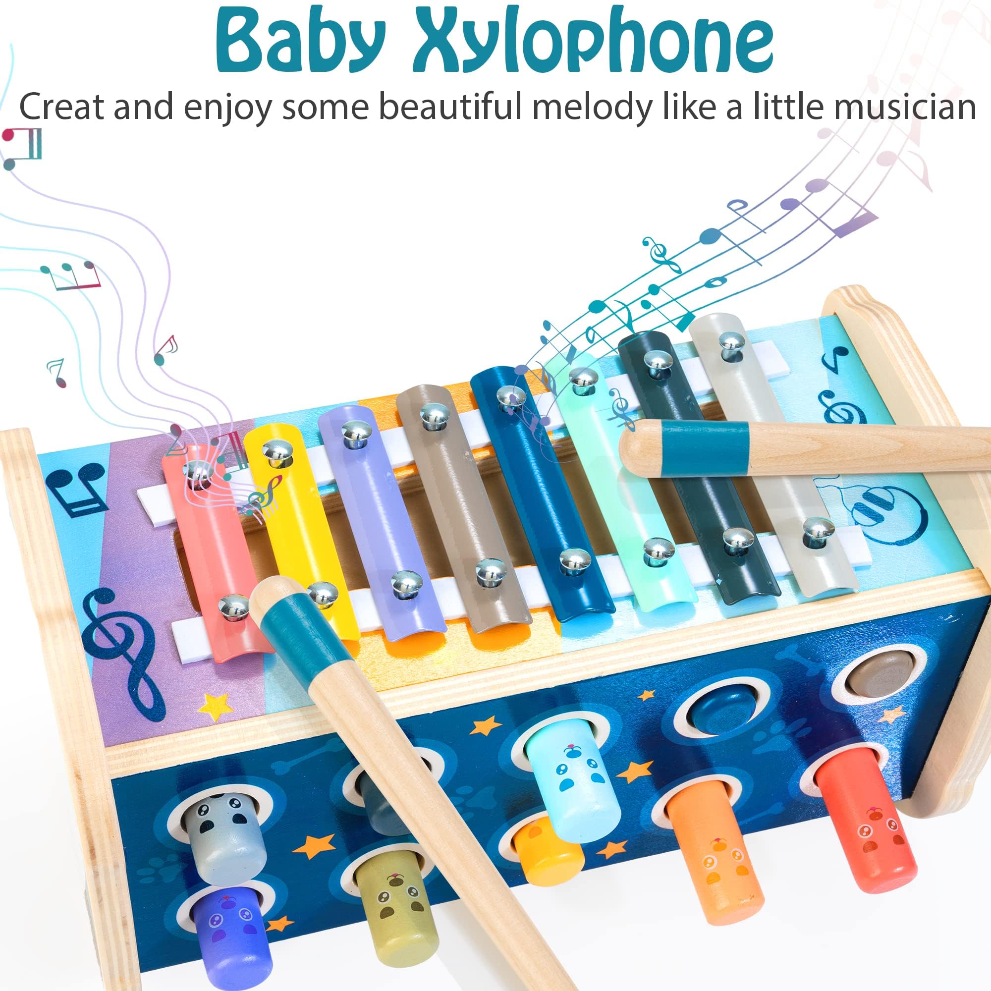 KIDWILL Montessori Jouet en Bois pour Enfants avec Marteau, Banc de Frappe, Xylophone et Labyrinthe de Tri des Chiffres
