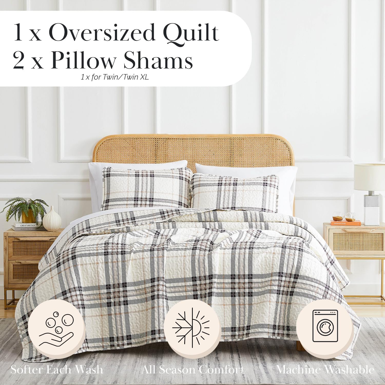 Southshore Fine Living, Inc. Oversized King Quilt Bedding Set, 3-Piece Bed Set, Cal/King Size Plaid Quilt with 2 Pillow Shams, Microfiber Bedspread, Lightweight Quilted Coverlet, Tofu Cream Plaid - Image 2