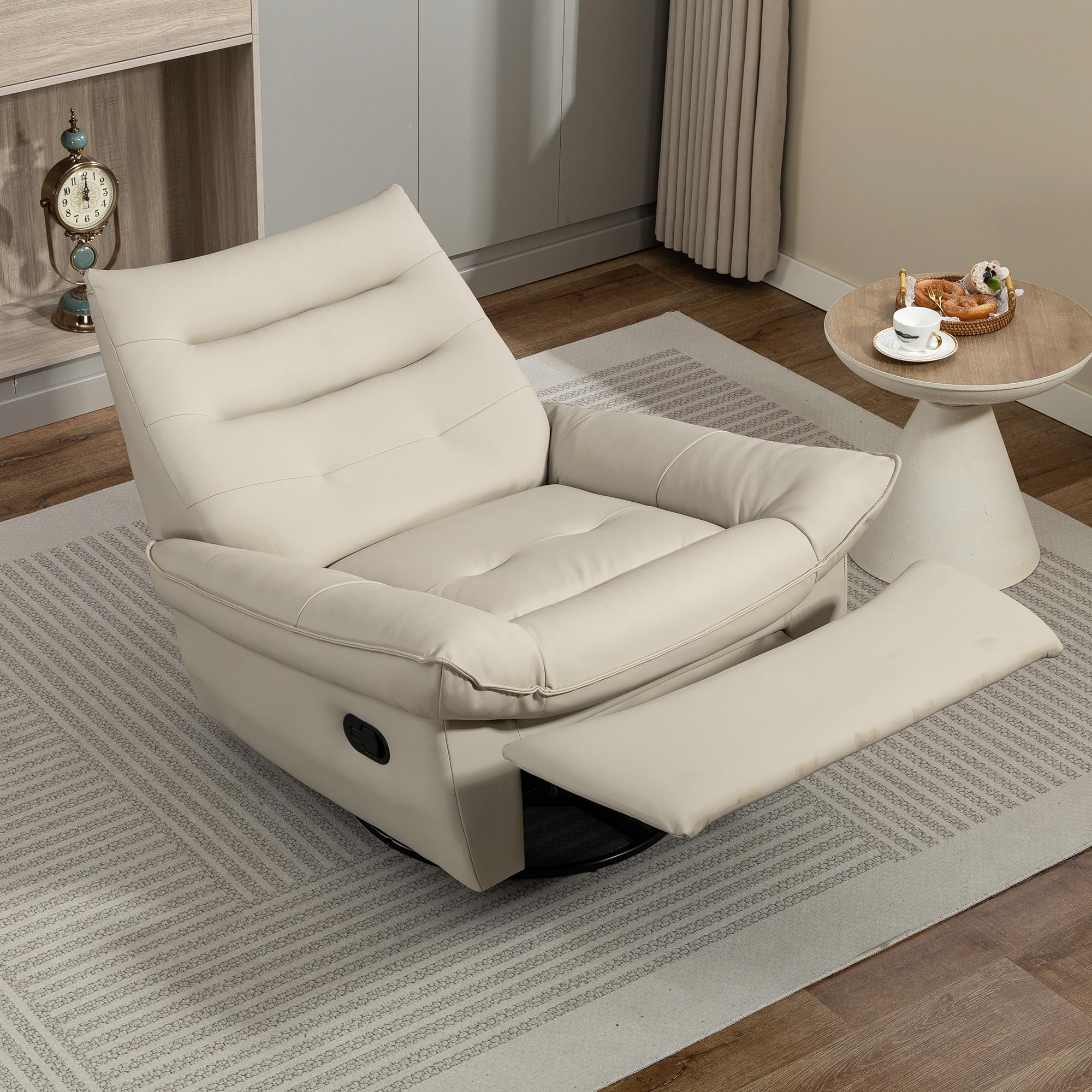 HOMCOM Sillón Relax Reclinable Manual 3 en 1 Giratorio Balancín Crema | Tapizado en PU, Reposapiés, Asiento Amplio, Acolchado Grueso, Butaca Reclinable Hasta 135º