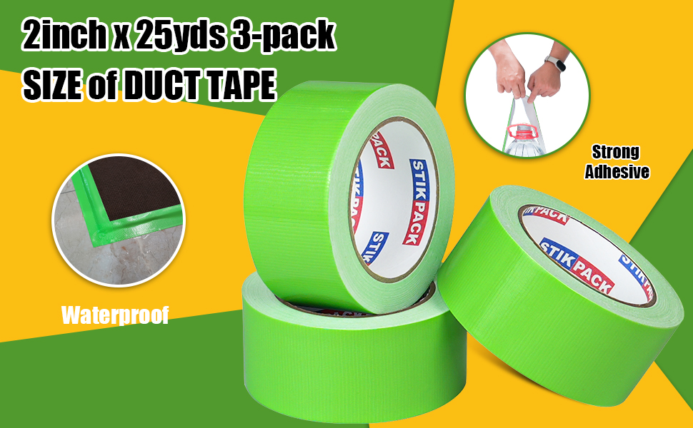 Image of 3 Rolls Green Duct Tape, Heavy Duty Strong Industrial Colored Duct Tape 9mil x 2inch x 25yds Flexible, No Residue, Waterproof and Tear by Hand, Multi-Use for Indoor & Outdoor Repairs