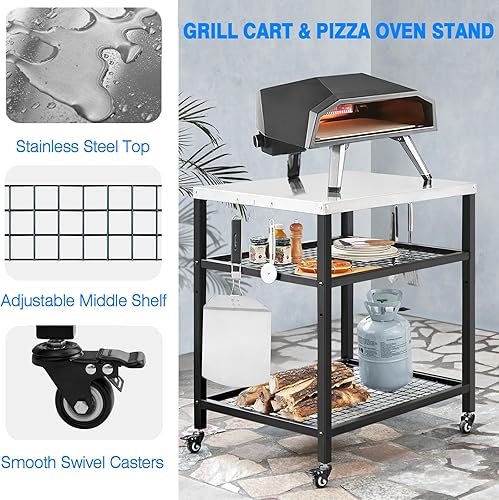 Miniatura 4 de Carrito de parrilla de acero inoxidable con tapa, soporte para horno de pizza con cubierta a prueba de agua, mesa de carrito con ruedas de tres