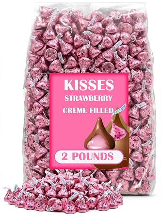 Hershey Kisses Pink Strawberry Creme, 2 Lbs Bulk Milk Chocolate Candy with Strawberry Flavored Creme, Individually Wrapped in Pink Foils, for Birthdays, Baby Shower, Snacking and Gifting