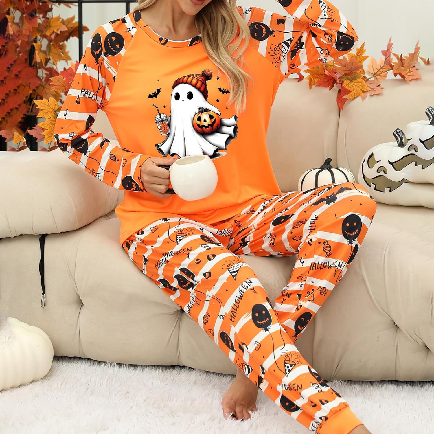 HOXIJIA Women Halloween Pajama Set Casual Pumpkin Graphic Ghost Striped Boho Loungewear Set Comfy Long Sleeve Sleepwear - Image 6
