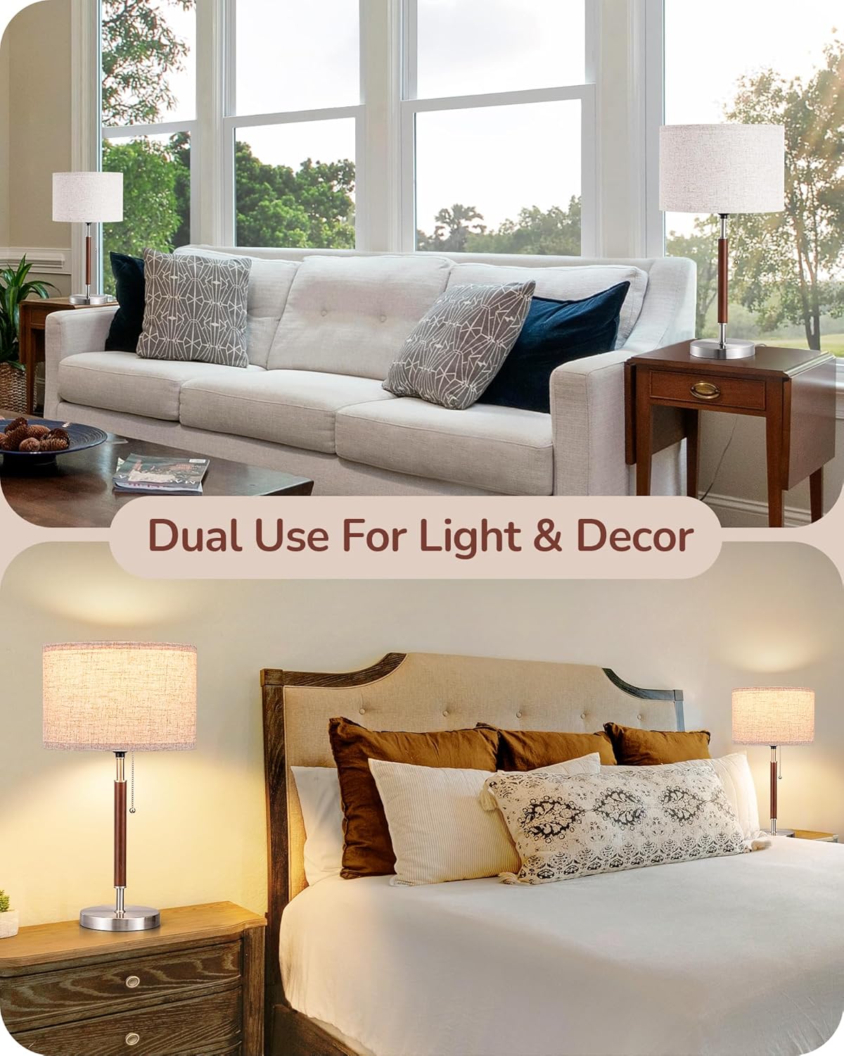 EDISHINE Mid Century Table Lamp Set of 2, Pull Chain Switch Bedside Lamp, Linen Shade, Solid Wood Pole & Brushed Nickel Metal Base, Modern Nightstand Lamp for Bedroom, Living Room, Office, E26 Base