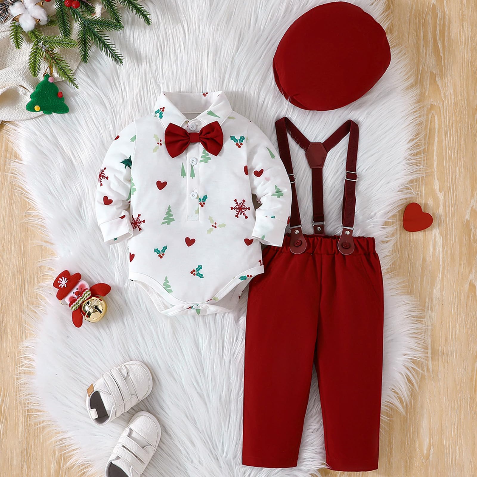 Weihnachtsoutfit für Jungen Kleinkind-Festtagskleidung 4-teiliges Gentleman-Set Body Fliege Hut & Hose mit Hosenträgern