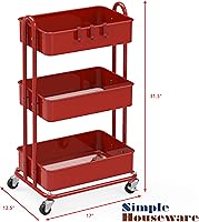 Vista 6 de Simple Houseware - Carrito de metal resistente de 3 niveles para rodar, rojo