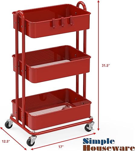 Miniatura 6 de SimpleHouseware - Carrito de metal de 3 niveles con ruedas, alta resistencia, rojo