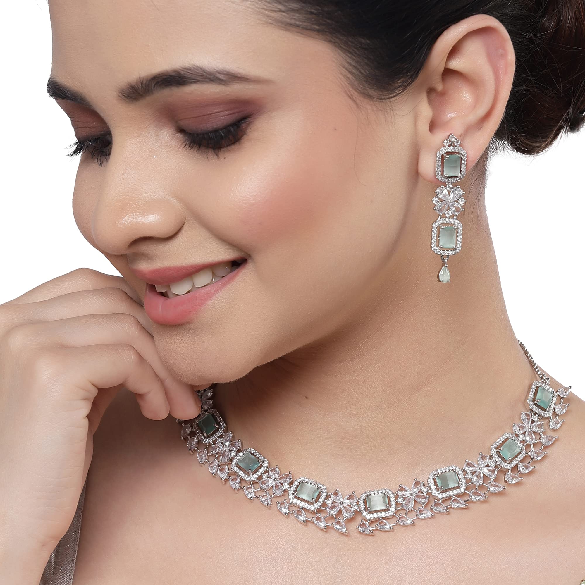 Rhodium-Plated American Diamond Necklace and Earrings Set