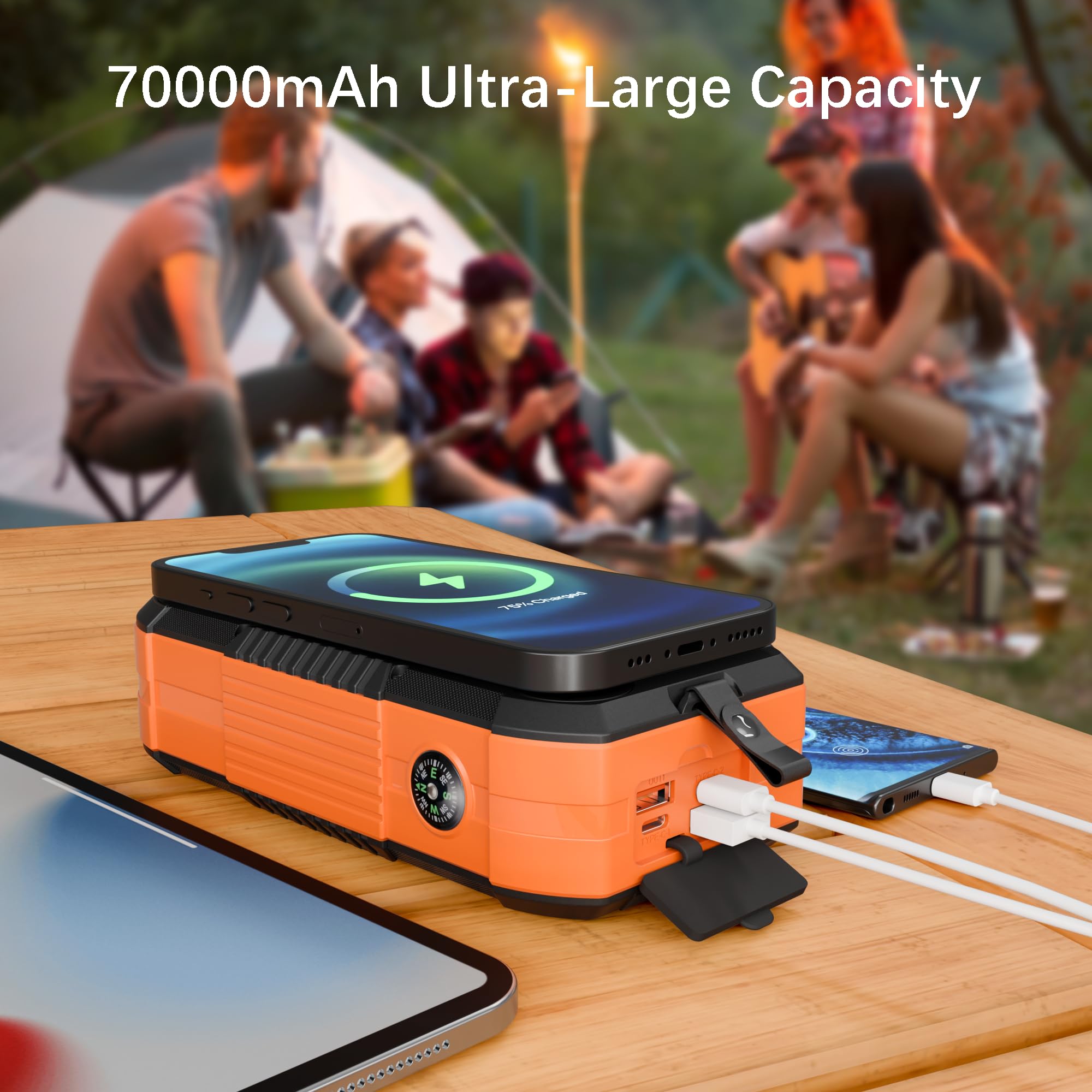 70000mAh Solar Powerbank:PD 30W Power Bank Wireless Externer Handyakku tragbares Ladegerät mit Schnellladefunktion,USB C 6 outputs mit Taschenlampe Kompass Handkurbel für Camping,Outdoor
