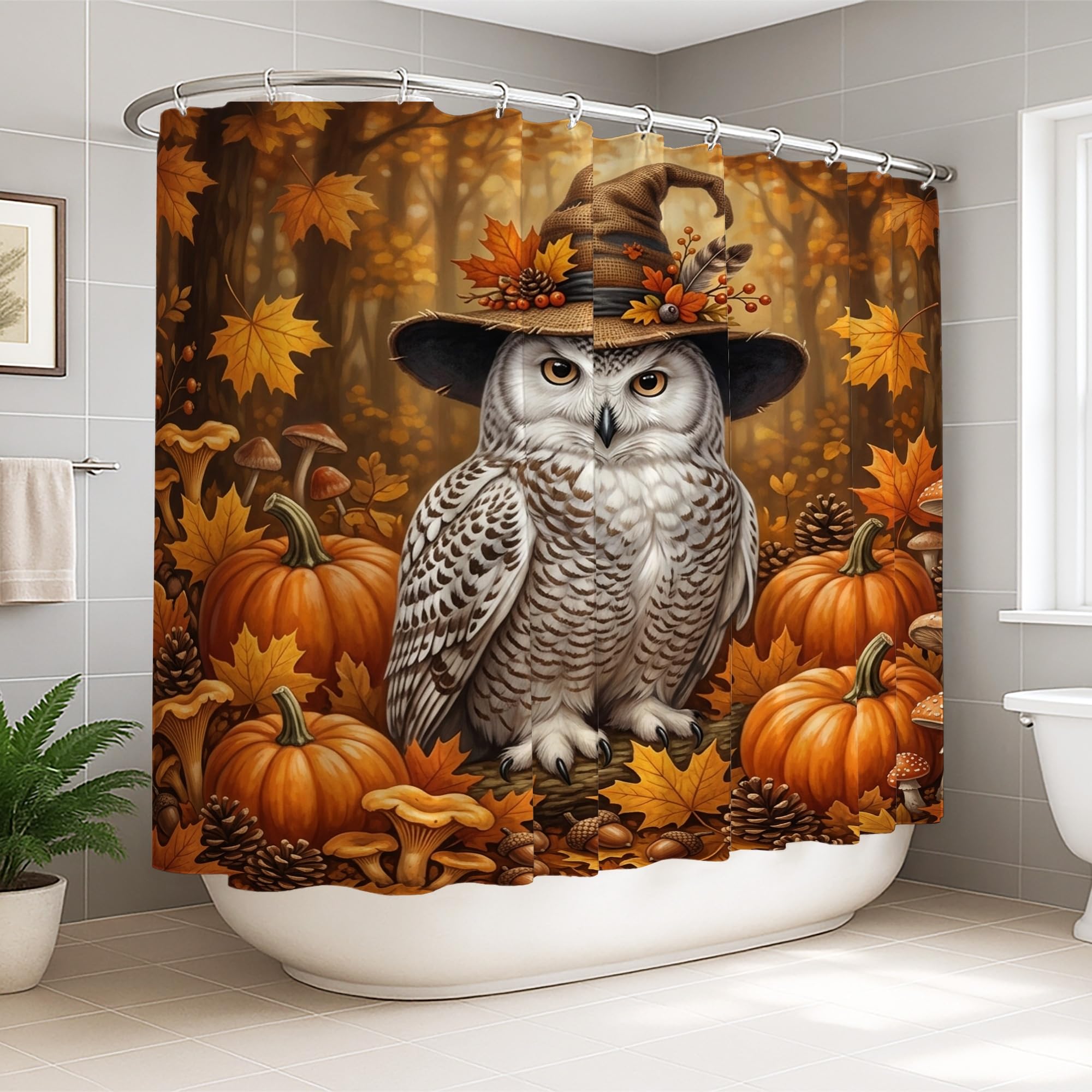 Rideau de douche motif hibou en toile lavable pour créer une ambiance d'automne chaleureuse