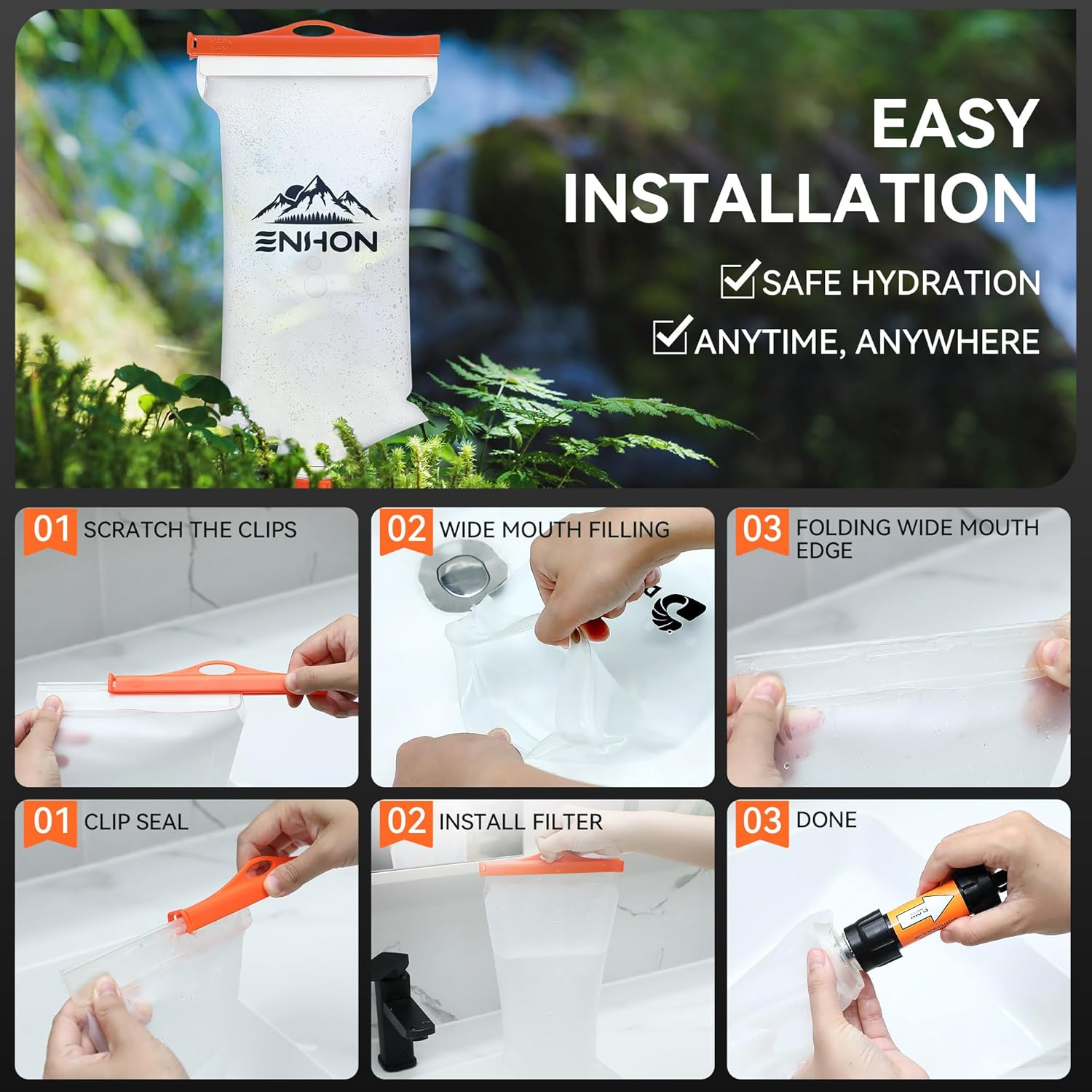 Enhon 2L Water Bag for Hiking Compatible with 28mm Sawyer Water Filter, Durable TPU Material Collapsible Bladder for Camping Fishing or Traveling, PVC Free Squeeze Pouch - Image 4