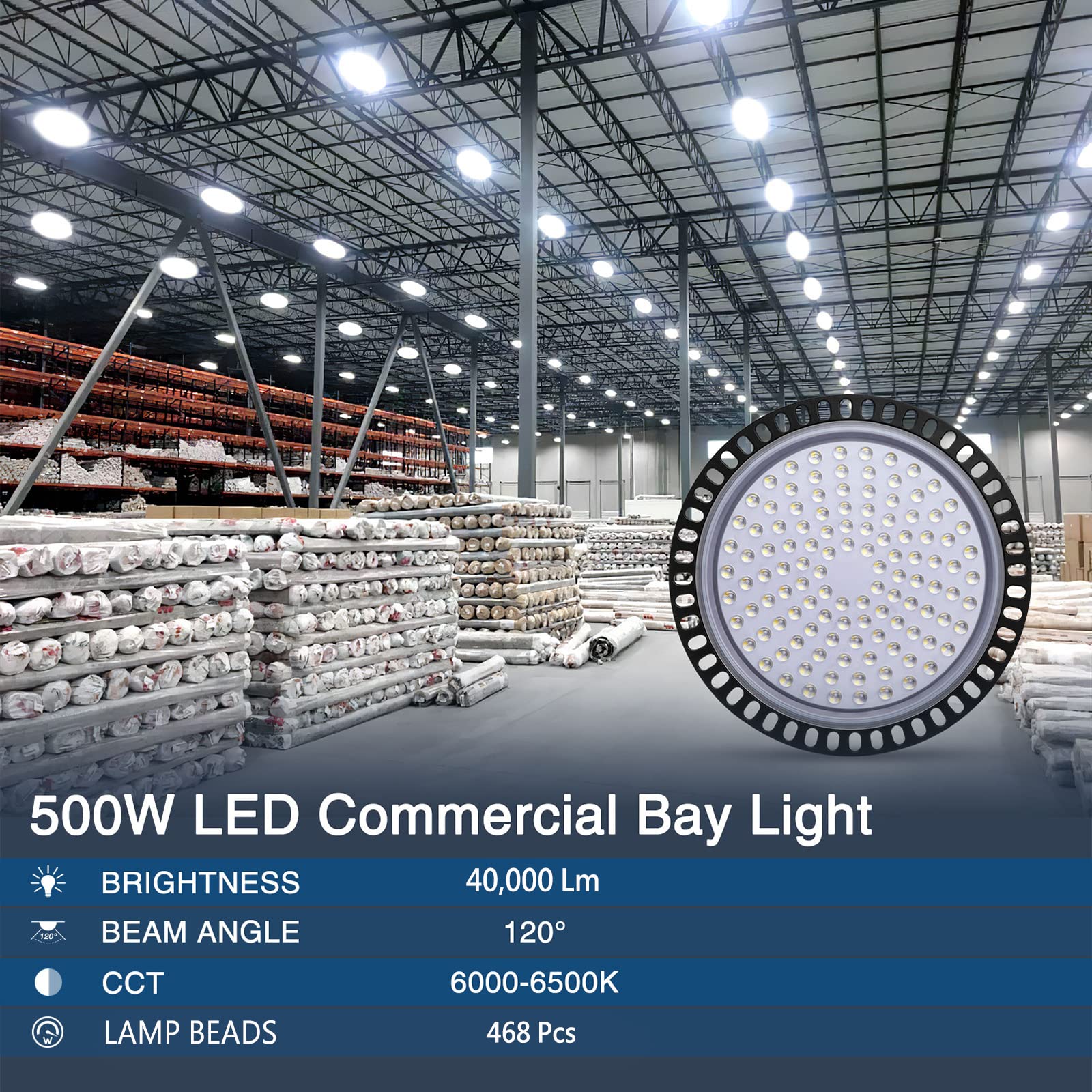 LED Strahler 500W 50000LM Hallenstrahler LED UFO Industrielampe, 6500K Kaltweiß LED Werkstatt Deckenleuchte Werkstattlampe Hallenleuchte Industrial LED High Bay Licht für Fabriken Läger Hof