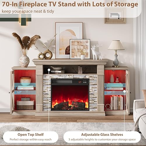 Miniatura 7 de QUW Soporte de TV con Chimenea Eléctrica, Centro de Entretenimiento Estilo Granja de 70" con Estante Abierto y Gabinete con Puerta de Granero