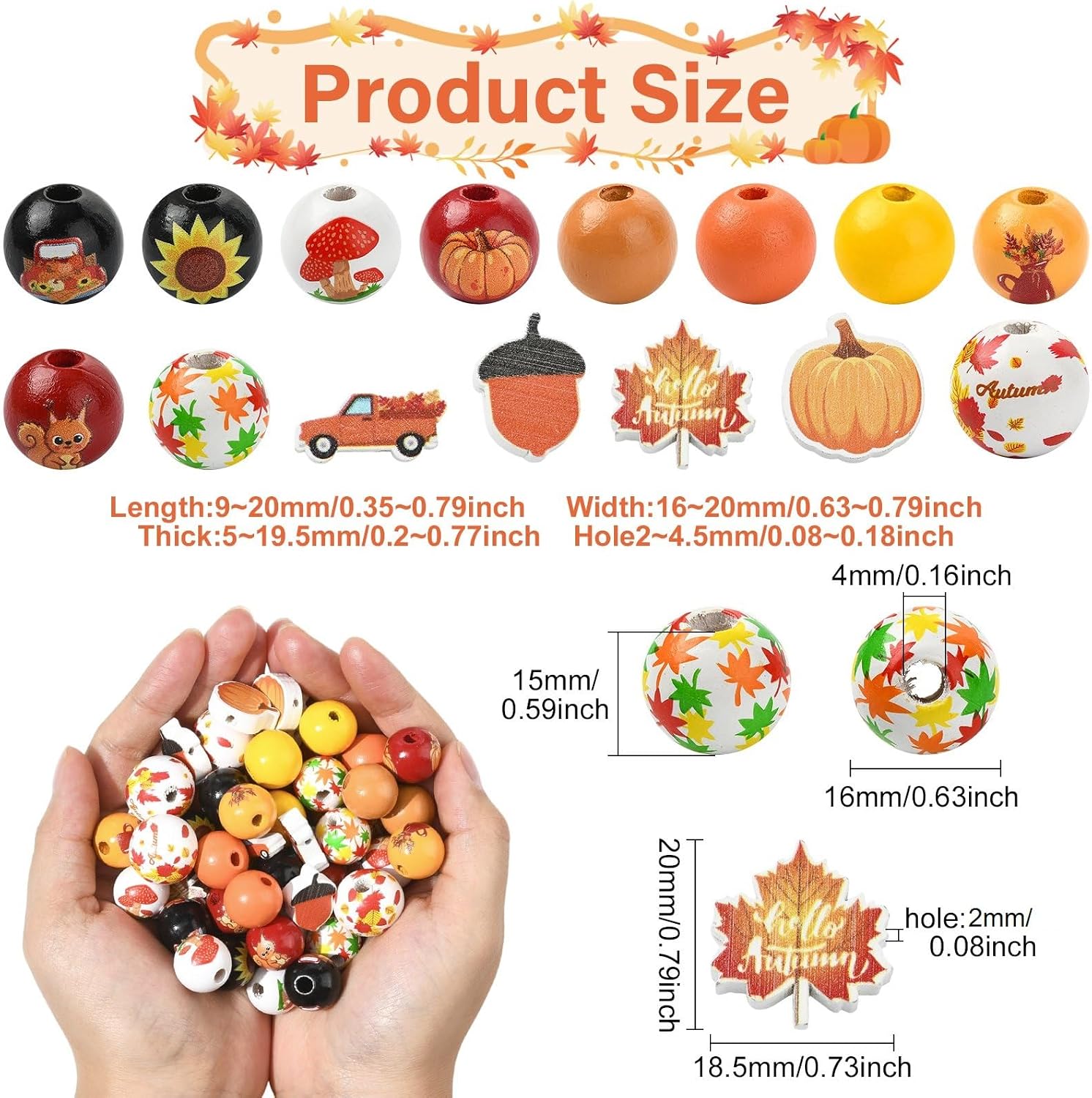 LiQunSweet 100 pcs 15 Styles Autumn Fall Theme Wood Beads Thanksgiving Maple Leaf Pumpkin Round Beads for DIY Jewelry Bracelet Necklace Earring Crafts Bag Keychain Phone Decor