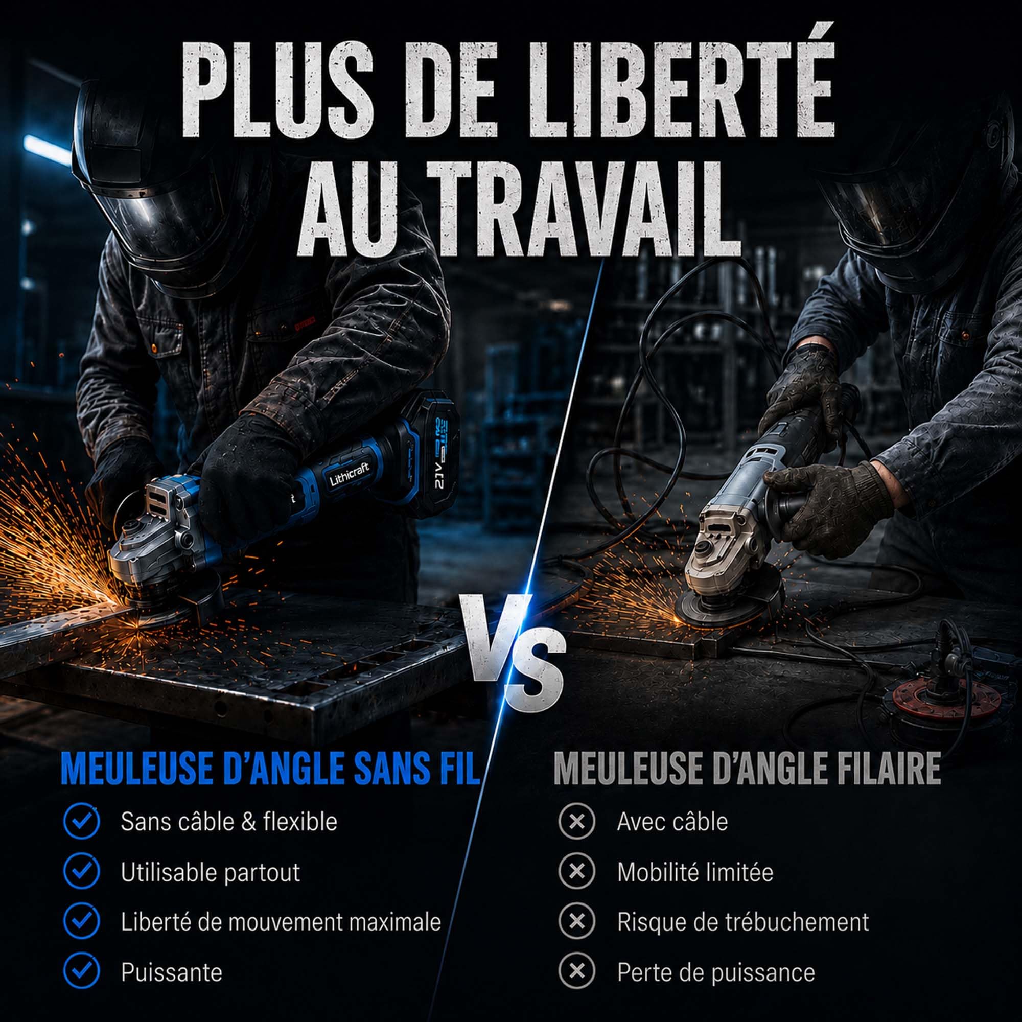 Meuleuse d’angle sans fil 125 mm, meuleuse brushless 10000 tr/min avec 2 batteries 4,0 Ah et chargeur, pour métal, pierre et carrelage, avec coffret