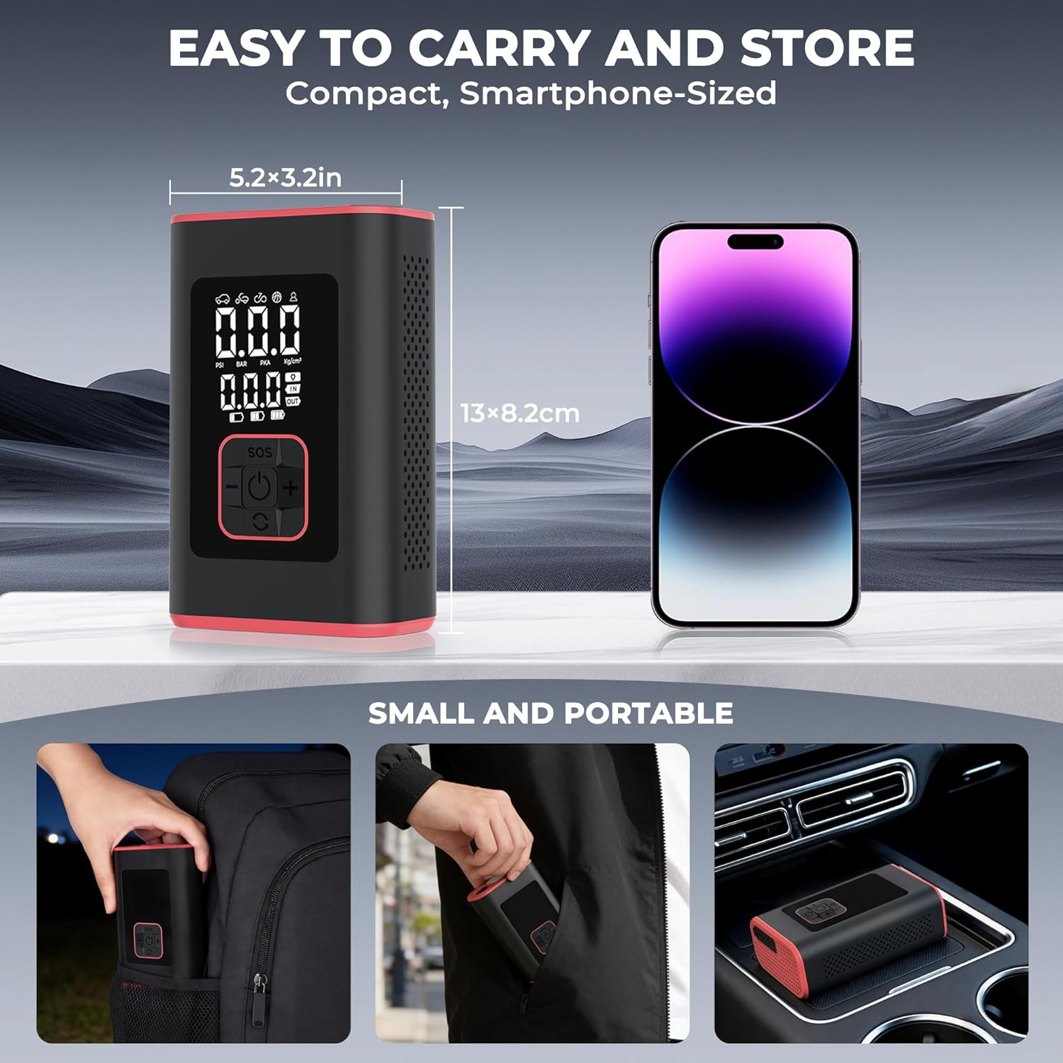 Tire Inflator Portable Air Compressor Cordless Mini Air Pump with Digital Pressure Gauge 150PSI 3X Fast Inflation Auto Shutoff Large Battery for Cars Motors Bikes Balls