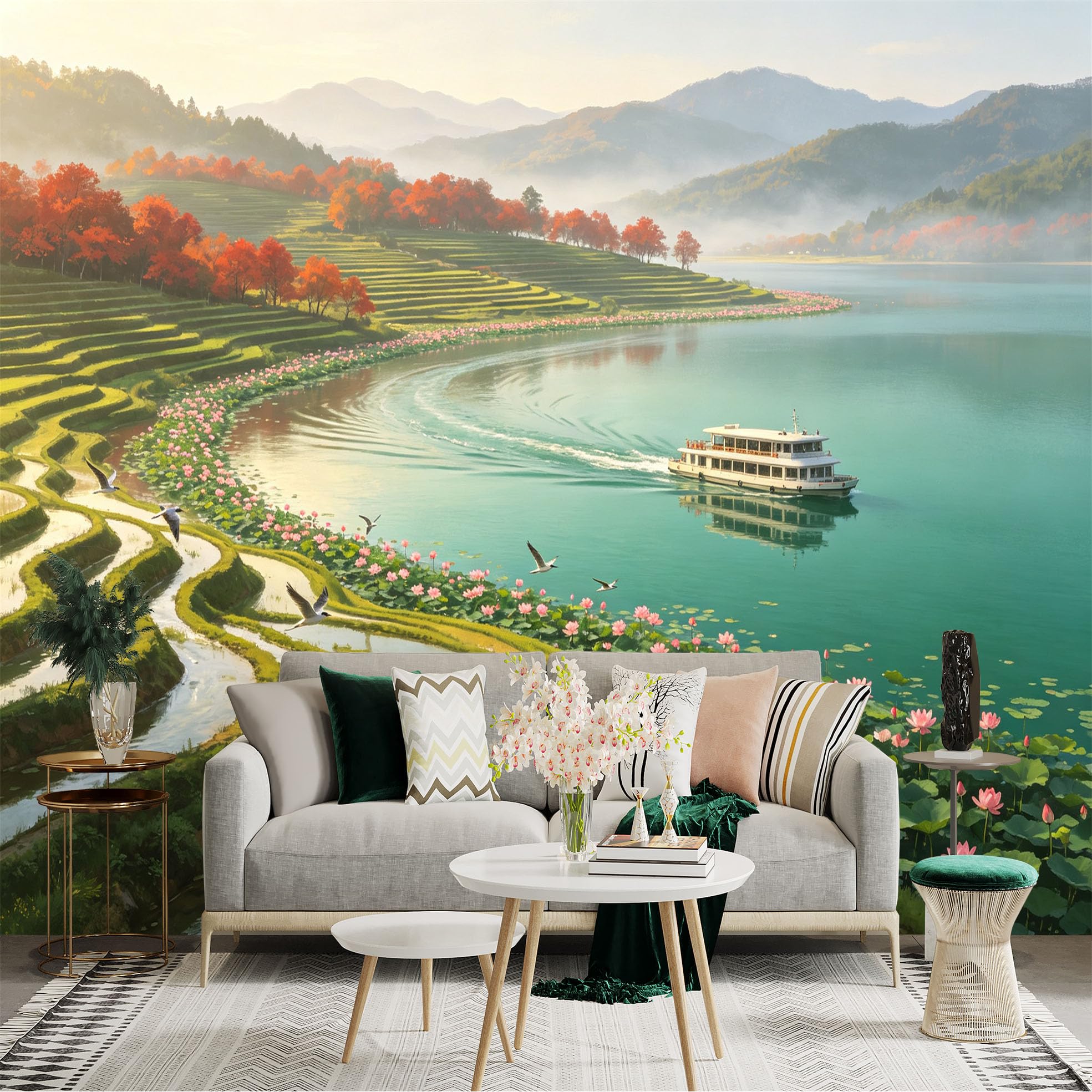 Custom Size Wall Sticker Mural， Serene Terrace Fields with Lotus Lake， Flying Birds and Cruise Boat， for wall Decoration， peelandstick wall Decals.