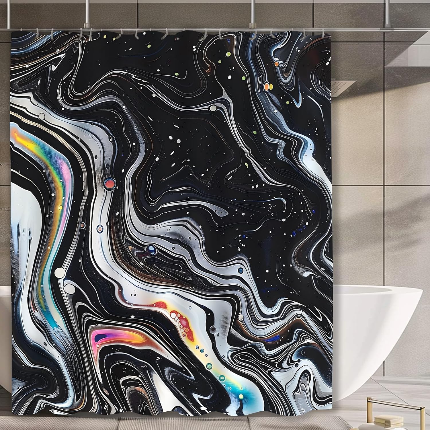 Black and White Marble Shower Curtain,Waterproof Polyester Fabric,Cool Colorful Gouache Rainbow Gold Crack Curtains, for Bathroom Home Art Decor, Bath Gifts for Adults with 12 Hooks 72x72 Inch