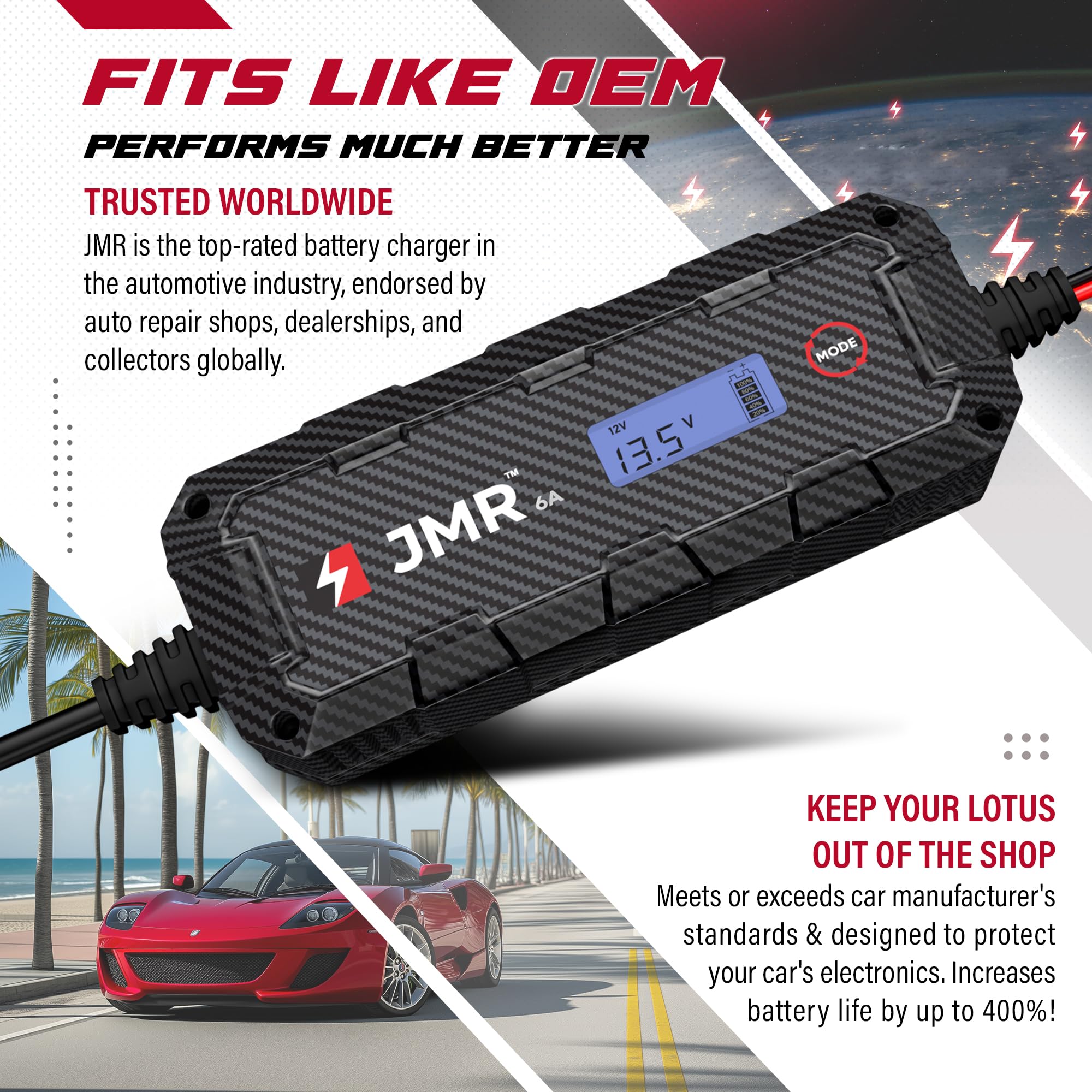 JMR Battery Charger for Lotus Emira Evora Exige Elise All Models Trickle Charger Conditioner Maintainer (No Lithium Mode)