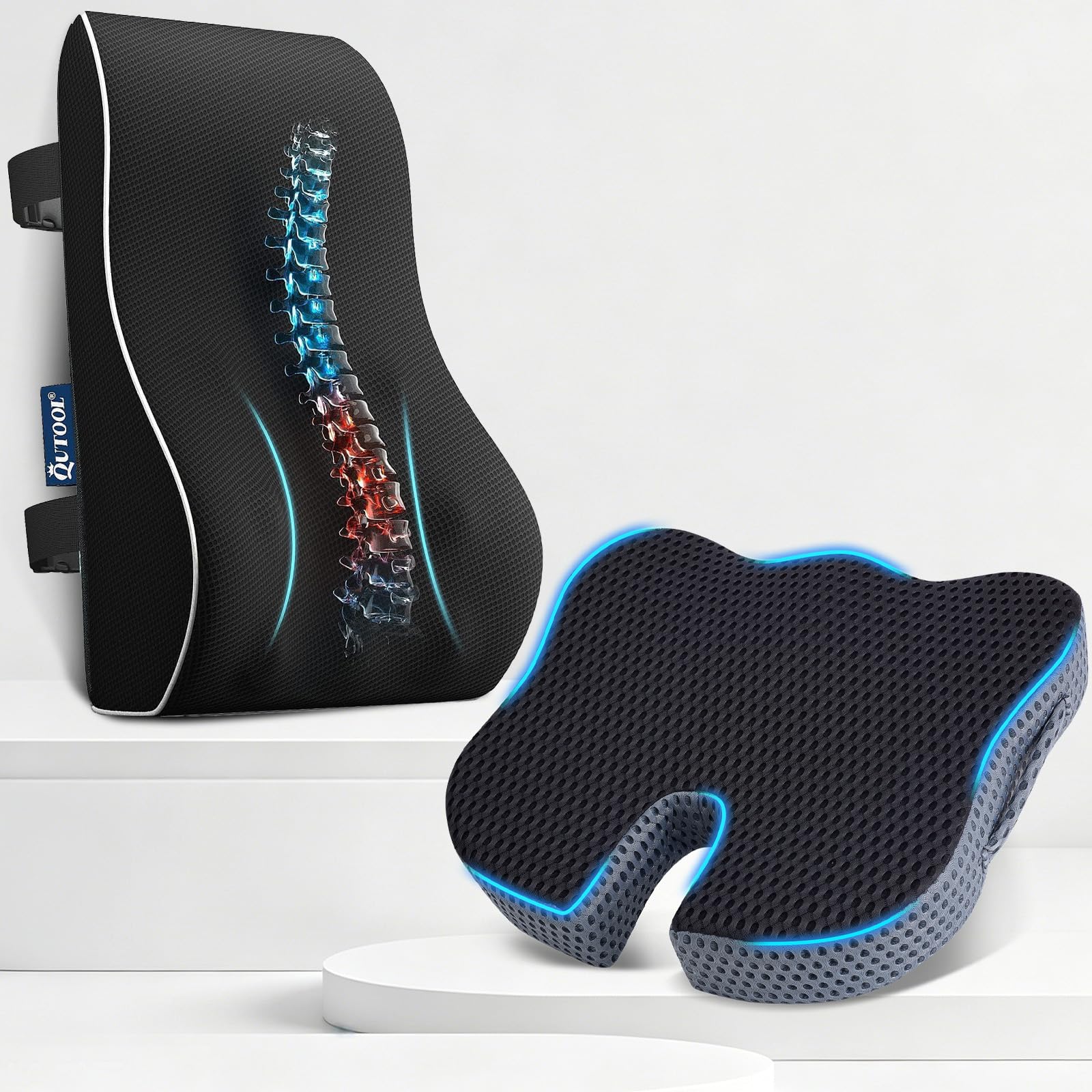 Qutool Rückenkissen aus Memory Foam, Lendenkissen für Bürostuhl, Gaming-Stuhl, Rückenstütze für Schreibtischstuhl itzkissen, Großes Ergonomisches Sitzkissen Bürostuhl– Komfortabler Unterstützung