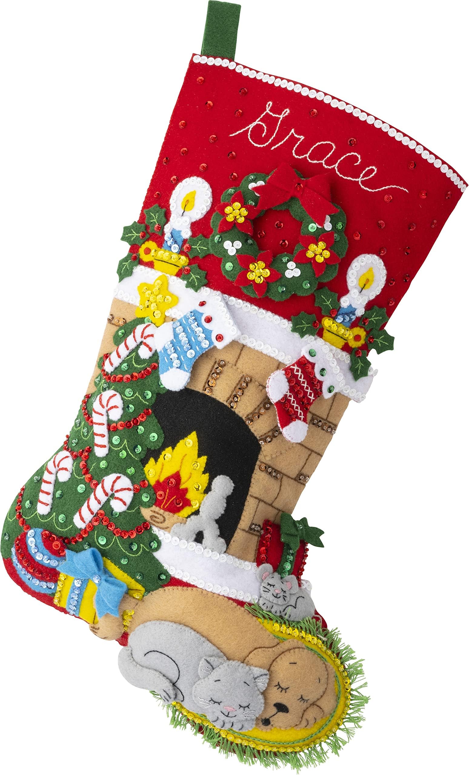 BucillaFelt Applique 18" Stocking Making Kit, Holiday Hearth, Perfect for DIY Arts and Crafts, 89486E