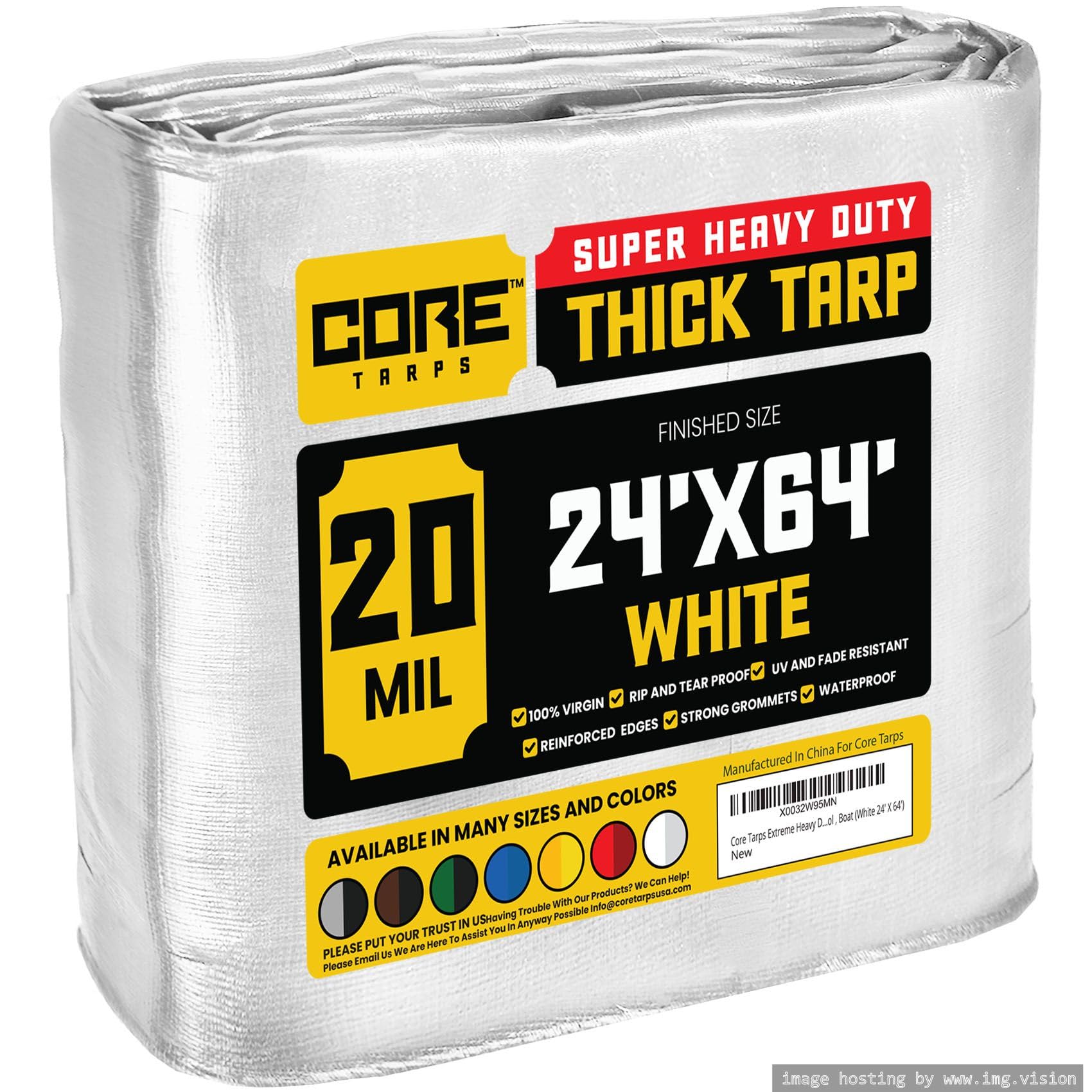 Core Tarps Extreme Heavy Duty 20 Mil Tarp Cover, Waterproof, UV Resistant, Rip and Tear Proof, Poly Tarpaulin with Reinforced Edges for Roof, Patio, Pool, Boat (White 24′ X 64′)