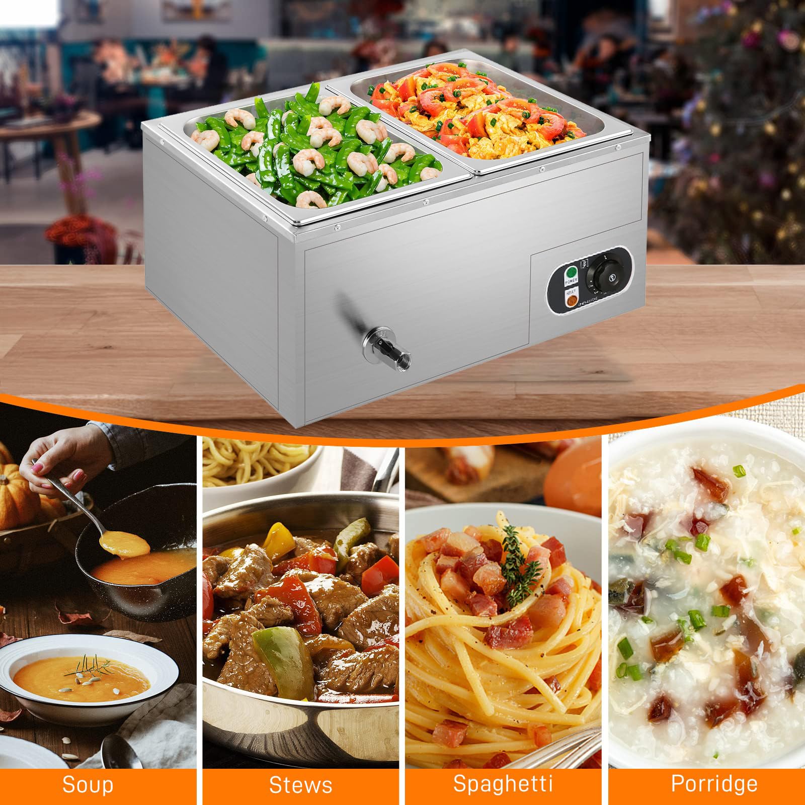 Kommerzieller Speisenwärmer, 800 W elektrischer Bain Marie Buffet Dampftisch, 15 l Edelstahl mit Temperaturregelungsdeckel für Restaurants und Partys