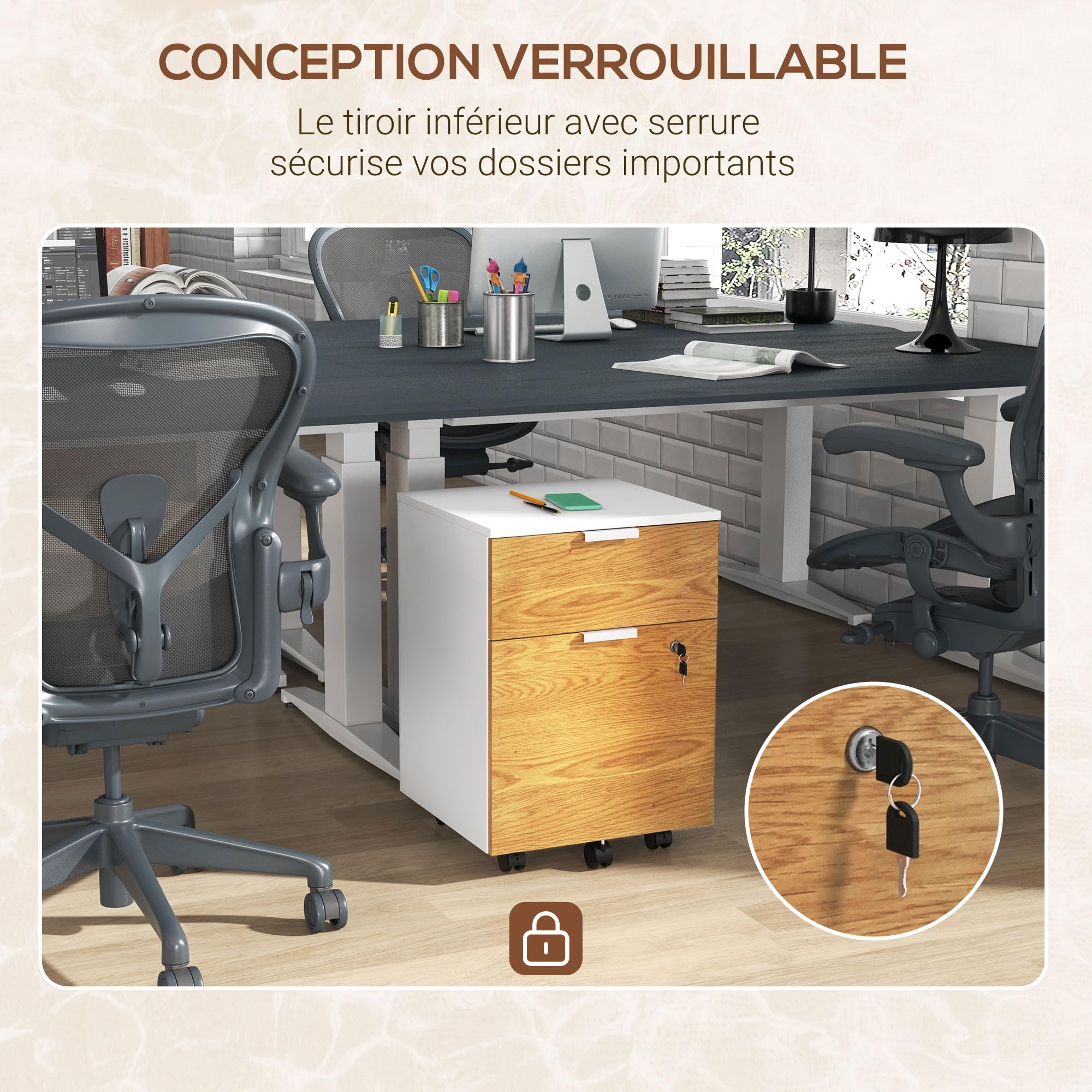 HOMCOM Bürokasten, Aufbewahrungsmöbel, Badschrank, 2 Schubladen, 2 Stangen zum Aufhängen, abschließbar, 2 Schlüssel, 4 Rollen, 42 x 40 x 60 cm, Holzoptik, Weiß und Natur